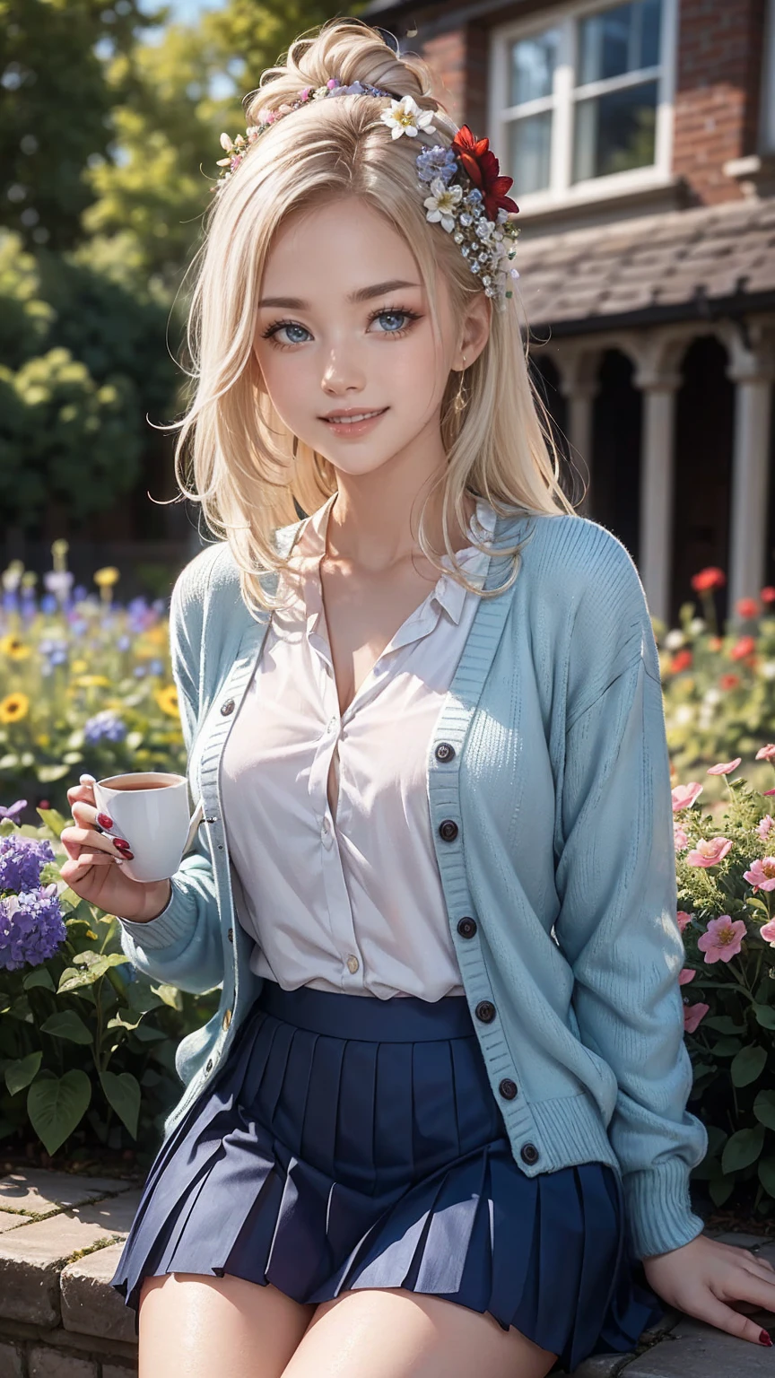 ((最high quality, 8K, masterpiece: 1.3, Ultra HD, high quality, 最high quality, High resolution, realism)) 、A 22-year-old extremely beautiful white woman、Her hair color is platinum blonde、blue eyeedium hair、straight hair、The hair is shiny、The skin is lustrous、smile、Slender but well-proportioned muscular body、Athlete-like body type、I don't want my head to disappear from the screen.、Wearing accessories on your wrist、Wearing red nail polish、I have a peticure、British suburban buildings、There is an English garden、Many flowers bloom、The blue sky is beautiful、summer sunshine、Wearing a blouse、put on a cardigan、Long length covers the ankles、Wear a pleated skirt、Drinking tea in the garden、anatomically correct、((anatomically correct))、Ultra high definition((UHD))、textured skin((textured skin))、very detailed((super detail))、high detail((high details))、smile showing teeth((grin))、hair flower((hair flower))