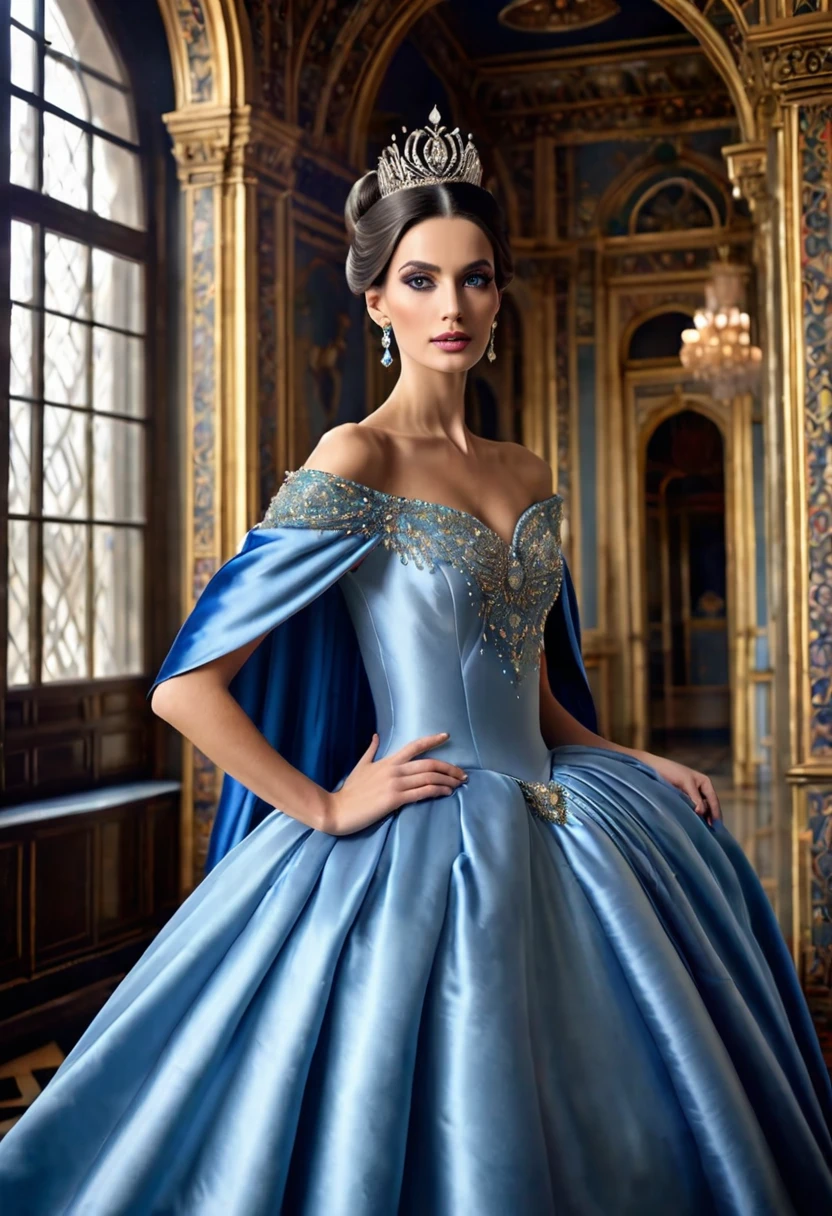 Tall and skinny but beautiful queen in her palace, her dark hair coiled in bun, she is wearing magnificent blue satin ball gown with extremely wide billowing skirt resembling the dress of Cinderella adorned with crystals and precious stones with long blue royal cape, huge diamond crown