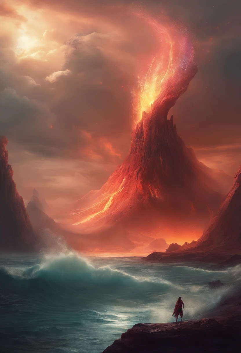 Create the titan in this photo next to the sea, let it have wings, Let it be night time and stormy atmosphere, get out of the volcanic eruption, Let the titan be reddish in color, cinematic, high quality