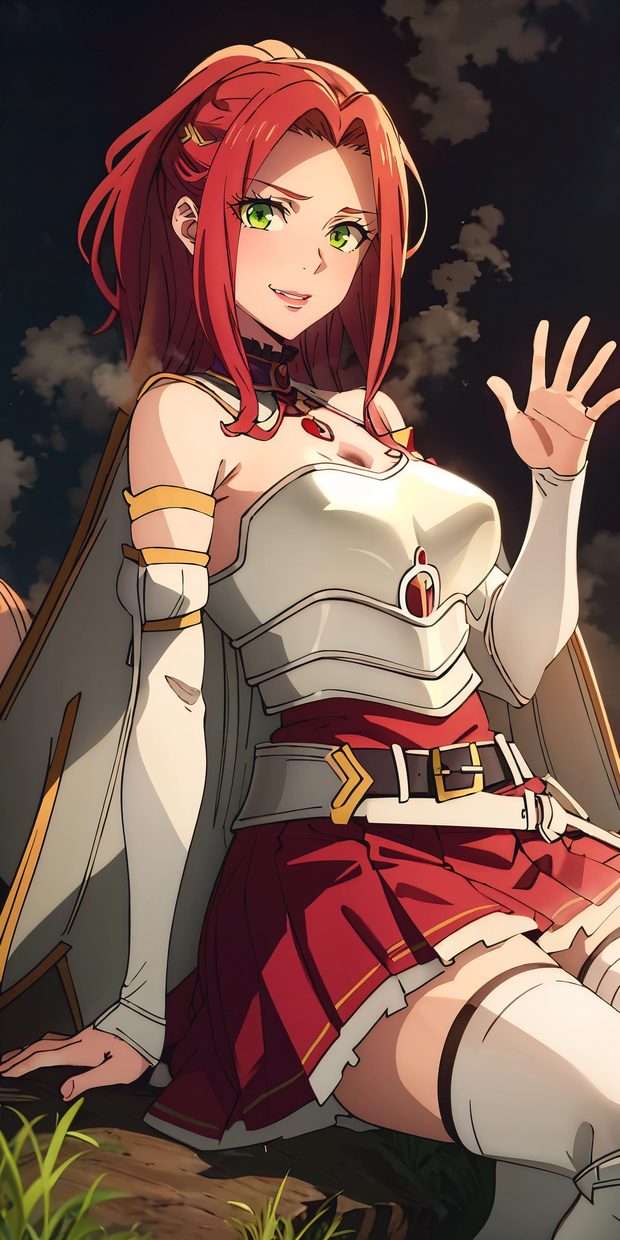 eft_shield_whor3, medium hair, red hair, green eyes,, curvy, anatomically correct, heavy breathing, huge breasts, bare shoulders, armor, breastplate, white sleeves, detached sleeves, red skirt, pleated skirt, white thighhighs, waving, smile, leaning forward, open mouth, sitting, field, fantasy, "RAW candid cinema, 16mm, color graded portra 400 film, remarkable color, ultra realistic, textured skin, remarkable detailed pupils, realistic dull skin noise, visible skin detail, skin fuzz, dry skin, shot with cinematic camera", (shaded face:1.2), hollow eyes, green eyes, looking at viewer, (heavy breathing:1.2), seductive smile, upper teeth, lips, steaming face, nsfw,