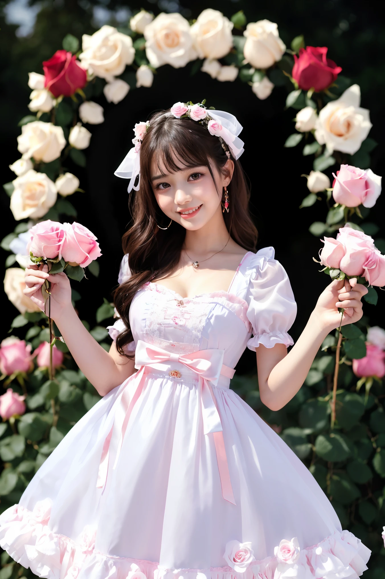 (highest quality、masterpiece、8K、best image quality、hyper realism、Award-winning work)、(Cute 12 year old Lolita girl:1.1)、(very young 12 year old girl:1.1)、(baby face:1.1)、(1 person:1.1)、(1 photo:1.1)、(Cute transparent multiple pastel color lolita dress:1.2)、(Cute girly big ribbon:1.1)、(A perfect pastel colored Lolita dress with great attention to detail:1.1)、A dress with cute frills and ribbons、Lace decoration、Cute girly fluffy wavy hair、low length、Height: 140cm、pink rose、Lots of cute frills、big cute ribbon、emphasize body line、big breasts、cleavage、glamorous body、Standing gracefully、(Gorgeous giant arch of red, pink and white roses:1.5)、(So many roses:1.3)、(A beautiful and vast rose garden, perfectly maintained:1.5)、(very bright and vivid:1.1)、blurred background、A girl standing gracefully、accurate anatomy、perfect makeup、long eyelashes、glossy lips、Ultra high definition glossy skin、(Ultra-high definition bright and beautiful skin:1.2)、(Super bright and radiant skin:1.2)、超高精細のglossy lips、Super high definition beautiful teeth
