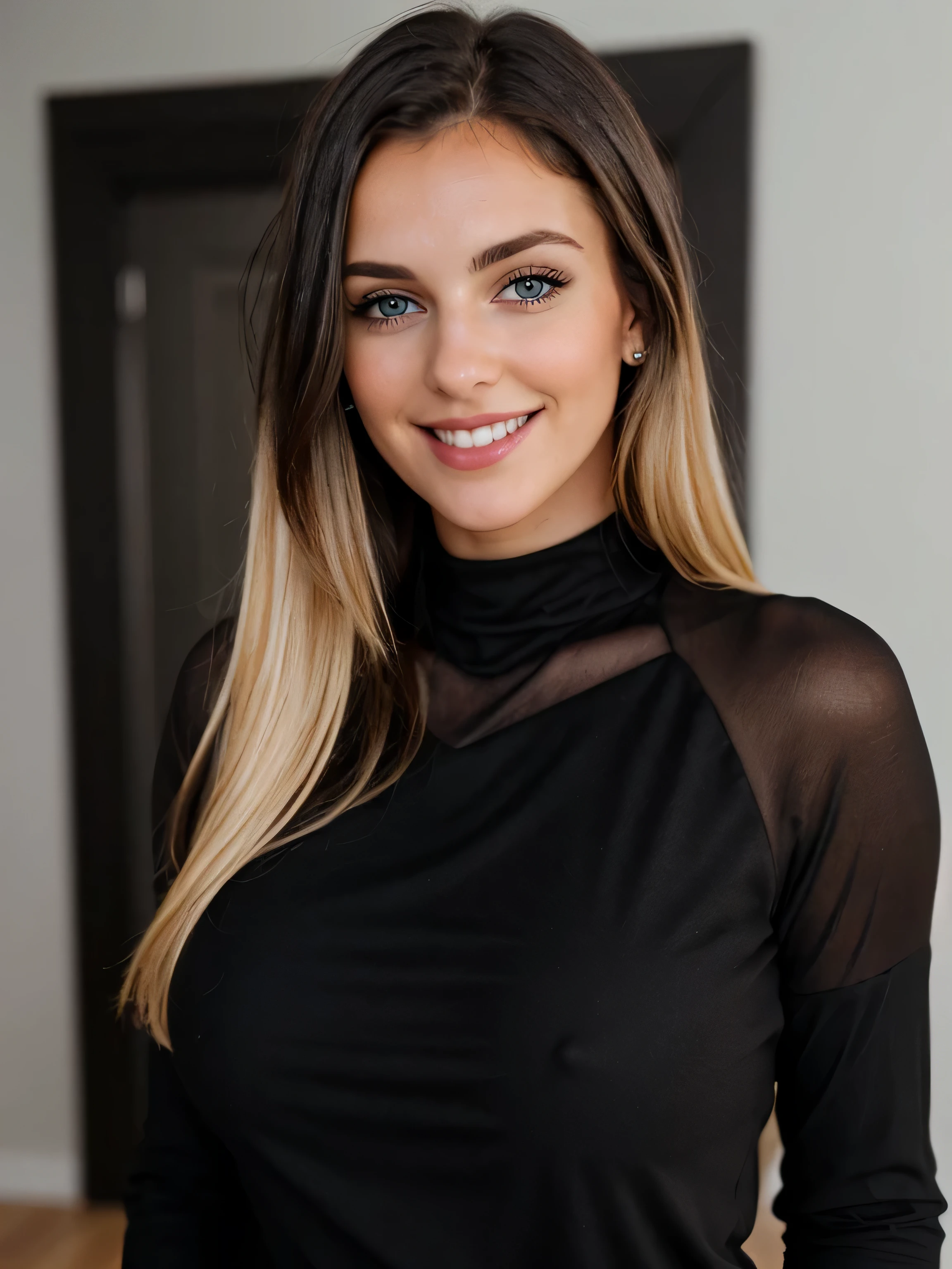 a closeup dark full body top to bottom shot photo of a blonde with perfect eyes, smile, dark hair colour, same face, standing