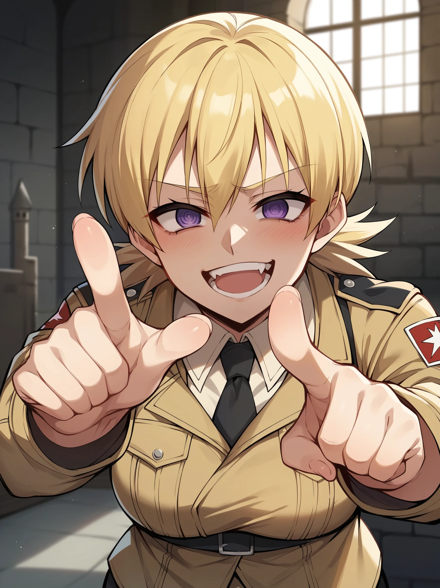 score_9, score_8_up, score_7_up, score_6_up, score_5_up, score_4_up, source_anime, BREAK, seras victoria, hellsing, looking at viewer, pointing at viewer, pointing, holding laugh, giggle,, face closeup, closeup,  pointing at viewer, humiliation, blonde hair, dark blonde hair, indoors, castle, purple eyes, shy, smug 
