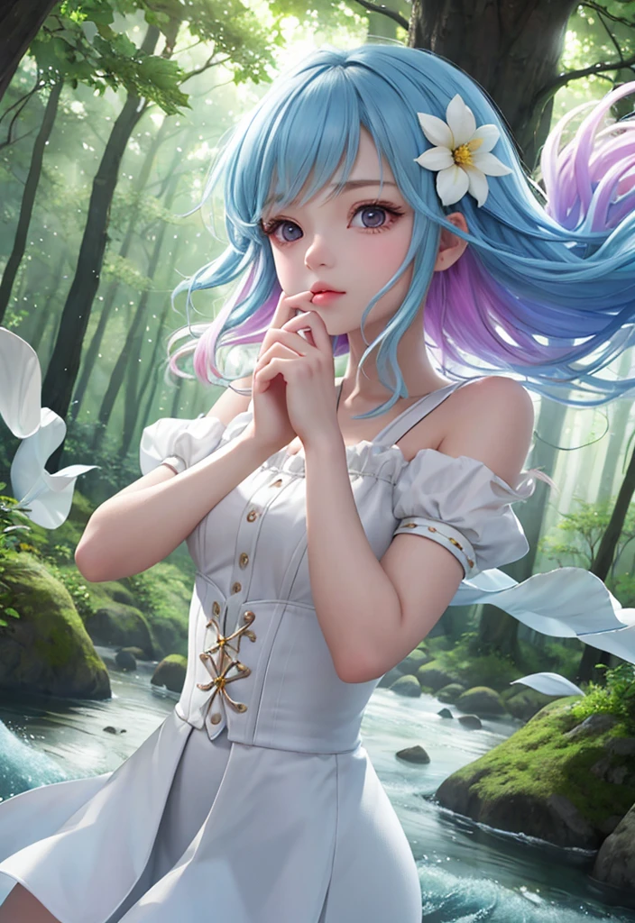 girl in a forest with floating flowers, river, puffy, puffy cheeks, cute,
vibrant colors, colorful art style,
soft lighting, soft shadows, detailed textures, dynamic lighting,
nice hands, perfect hands,