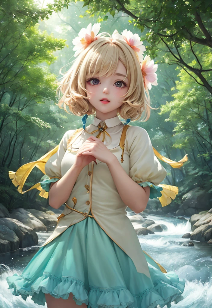 girl in a forest with floating flowers, river, puffy, puffy cheeks, cute,
vibrant colors, colorful art style,
soft lighting, soft shadows, detailed textures, dynamic lighting,
nice hands, perfect hands,