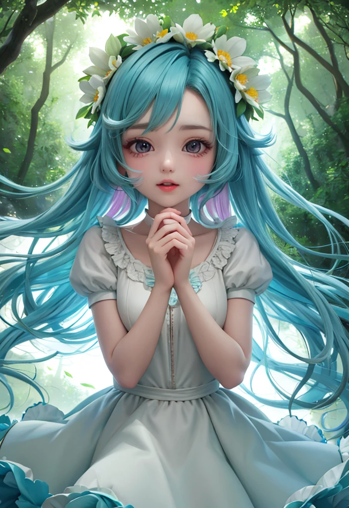 girl in a forest with floating flowers, river, puffy, puffy cheeks, cute,
vibrant colors, colorful art style, 
soft lighting, soft shadows, detailed textures, dynamic lighting,  
nice hands, perfect hands, 
