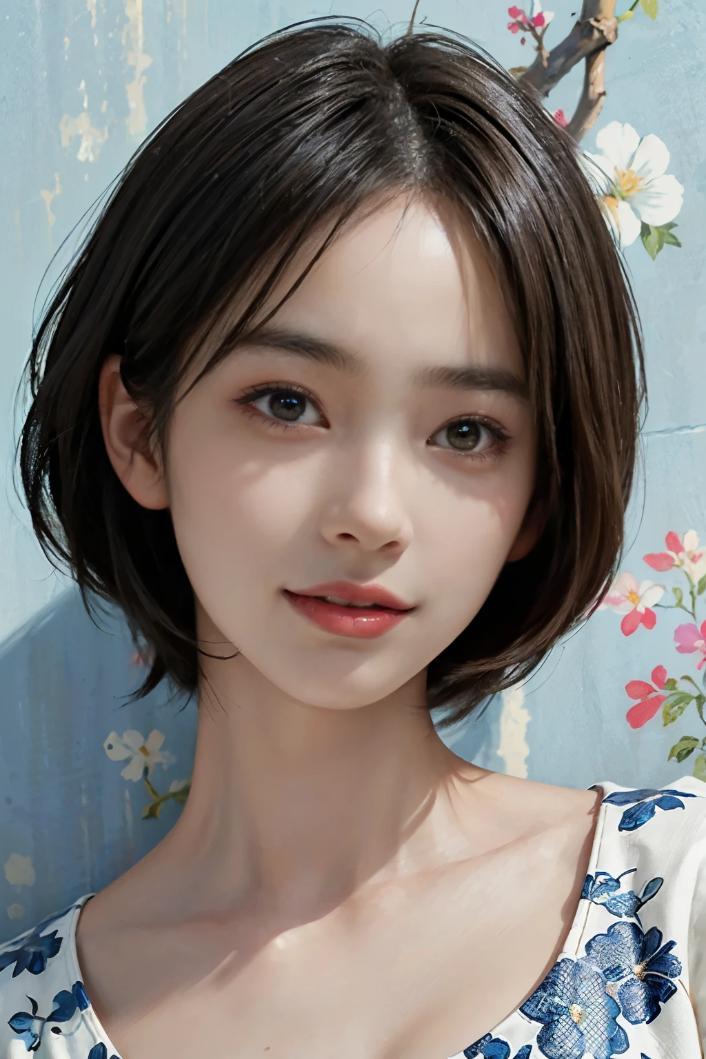 (A hyper-realistic), (illustration), (hight resolution), (8K), (highly detailed), (The best illustrations), (detailed face), (beautiful detailed eyes), (top-quality), (​masterpiece), (wall-paper), Upper body close-up, short hair,inner colored, solo, Girl in simple dark underwear, plump breasts, smile