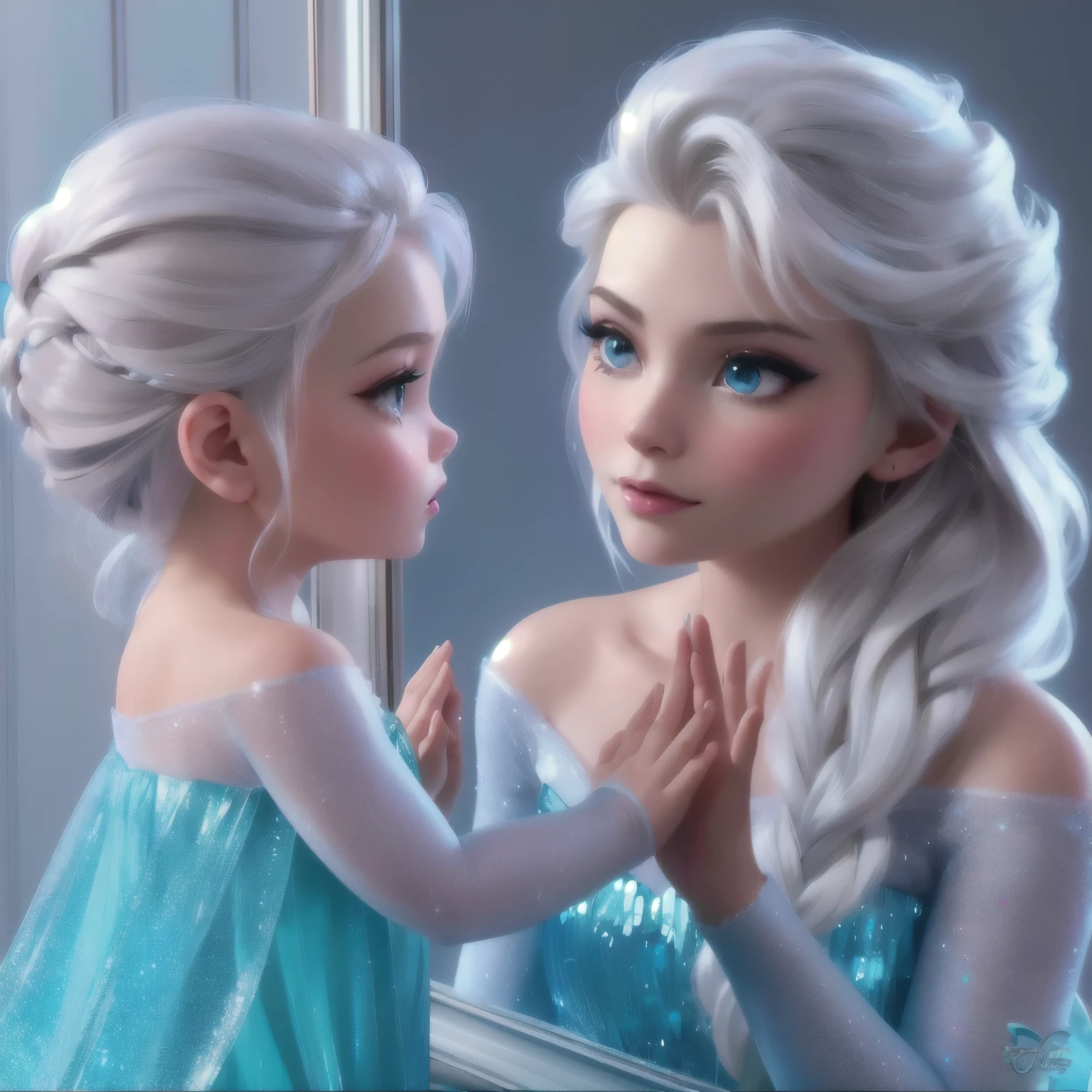 disney princess Elsa and her reflection in a mirror, beautiful Elsa, Elsa frozen, Elsa from frozen, Elsa, 8K)), portrait of Elsa from frozen, portrait of Elsa of arendelle, disney animation style, ice princess, blonde princess, Disney style art, frozen ii movie still, Emotional pictures, frozen, Realistic Disney