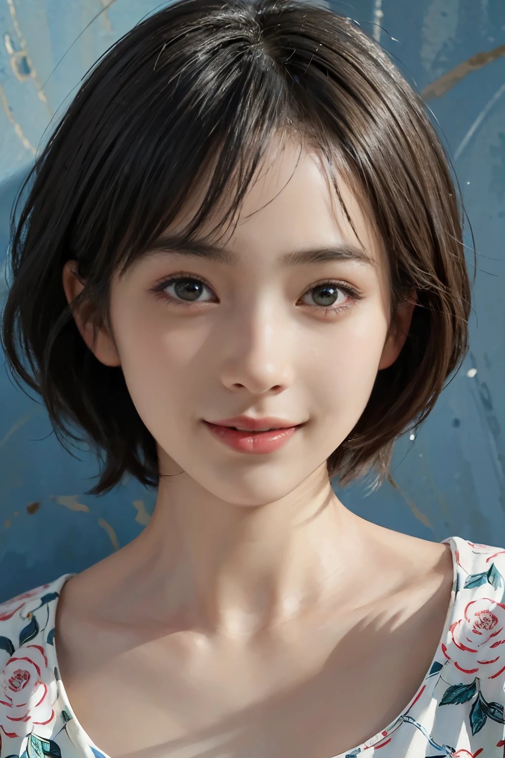 (A hyper-realistic), (illustration), (hight resolution), (8K), (highly detailed), (The best illustrations), (detailed face), (beautiful detailed eyes), (top-quality), (​masterpiece), (wall-paper), Upper body close-up, short hair,inner colored, solo, Girl in simple dark underwear, plump breasts, smile