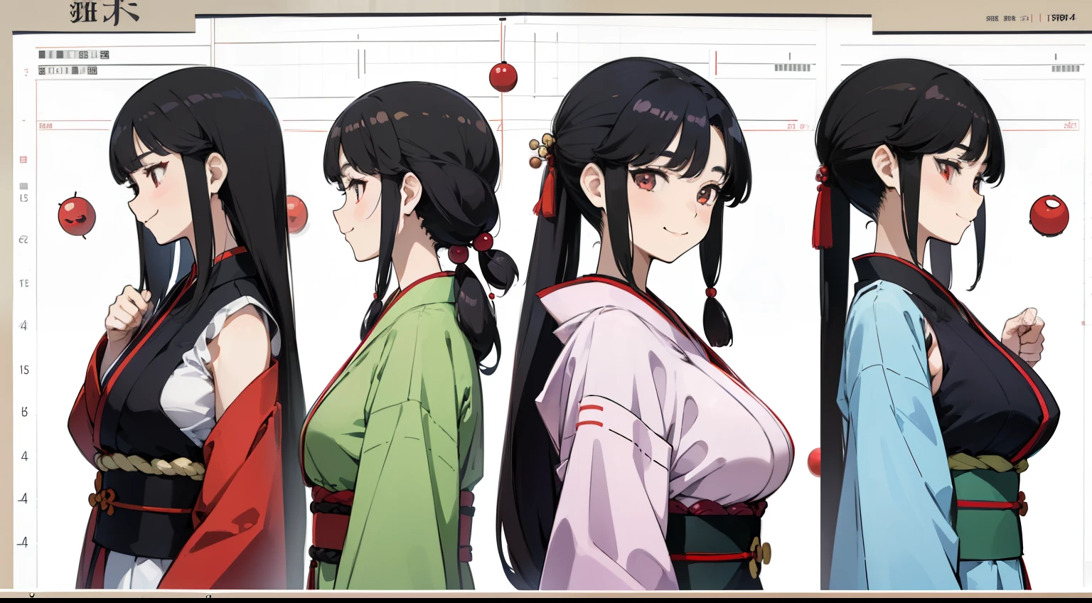 16 years old, Black Hair Girl, Hair length to the armpits ,((very big breasts))(((Happy smiling face expression))) ,japanese kimono, ((Odango hairstyle)) (((detailed character sheet, Front view, Side view, 3/4 view)))