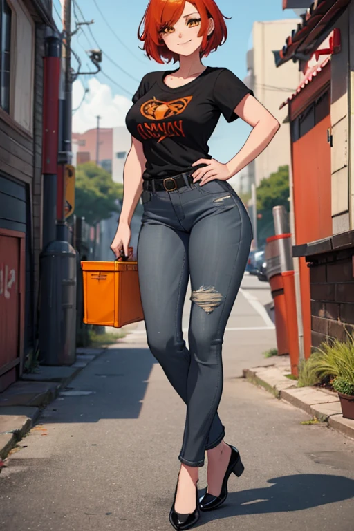 female, red short hair with yellow highlights, orange eyes, (((1girl))), (((black t-shirt))), (grey denim jeans), (black belt), (black flats), cute and sexy, large breasts, large butt, full body, long legs, smiling