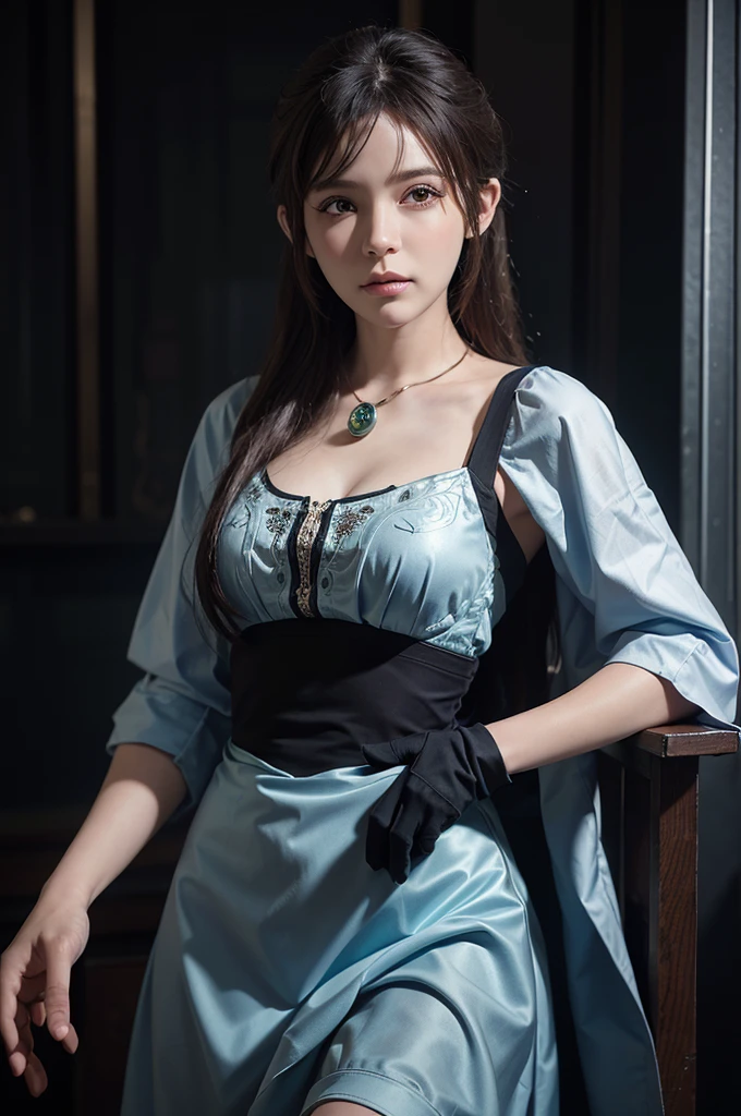 Hyperrealist portrait of female by david hockney and alphonse mucha,fantasy art, photo realistic, dynamic lighting, artstation, poster, volumetric lighting, very detailed faces, 4 k, award winning,, 1girl, in the dark, deep shadow, low key,cowboy shot,(official clothing:1.4) ,long hair,white hair,