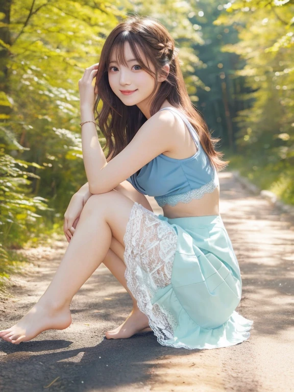 one woman、japanese woman、20-year-old beauty、professional lighting、medium long hair、brunette colored hair、brook in the forest、A sheer slip、Pastel blue lace underwear、mini skirt、High resolution、rich expression、no makeup、cute smile、catch light、Foot-to-foot display、hair fluttering in the wind、Show women smaller、Beautiful legs extending from the skirt、Show from skirt to knee、Use a reflector to bring light to your face、Sitting pose with buttocks on the ground、look at camera