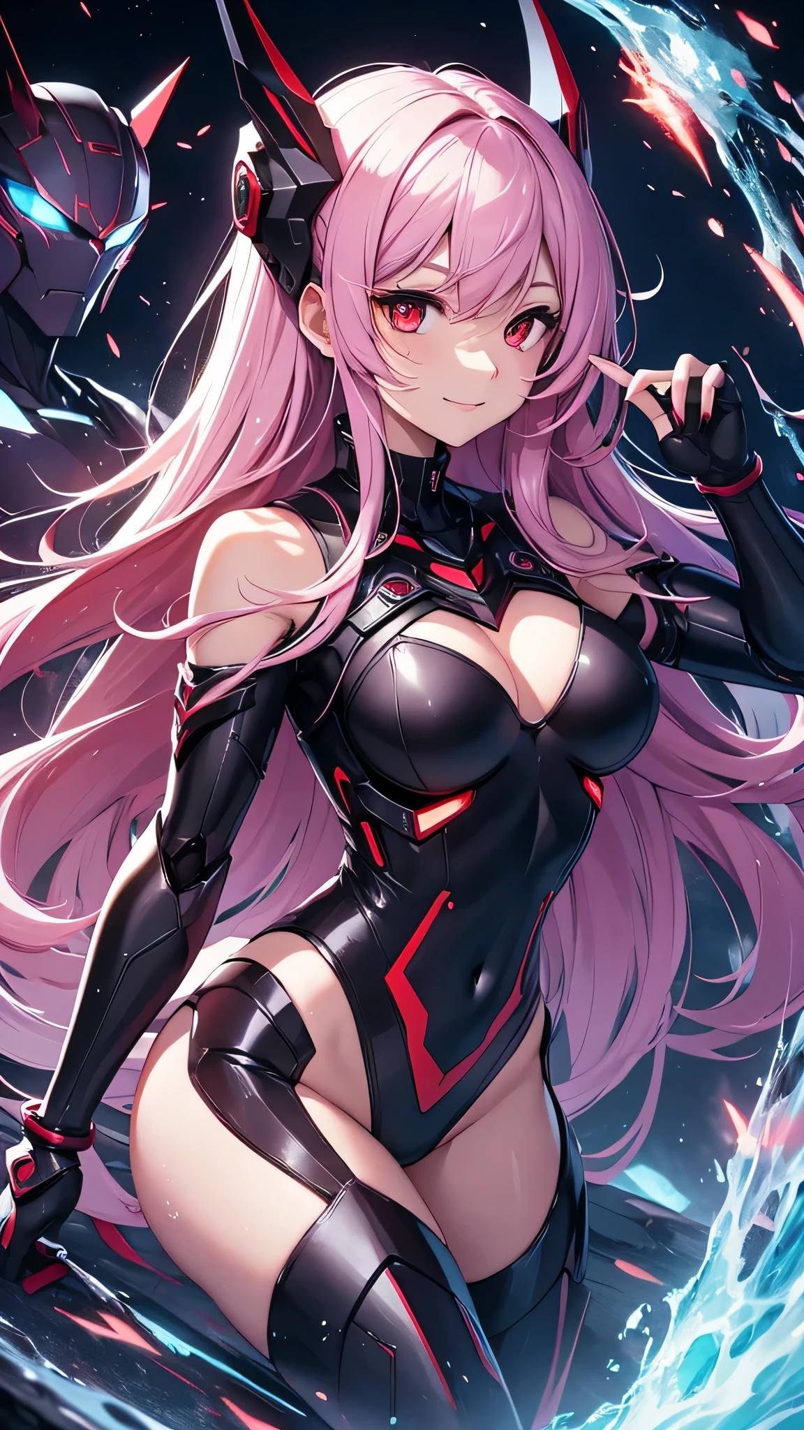 最high quality、best image quality、masterpiece、android girl((18-year-old、 By becoming、vest bust、medium bust,wide open breast tea、red glowing eyes, water hair、messy hair、long hair、thin,highest valley、Blue robot body、Shiny red body、Close ~ eyes、attack、Show the whole body、robot arm、robot feet、villain、evil smile、bad smile、laugh loudly、villain pose、Black robot wings,sharp nails、prick々New body parts、With a big sword、floating in the air)),high quality、beautiful art、background((dark bio facility、dark room、Infrared Sensor、red lighting、evil aura))、Flight、debris flies、Depth of written boundary、movie、visual art、perfect art、8K,genuine、