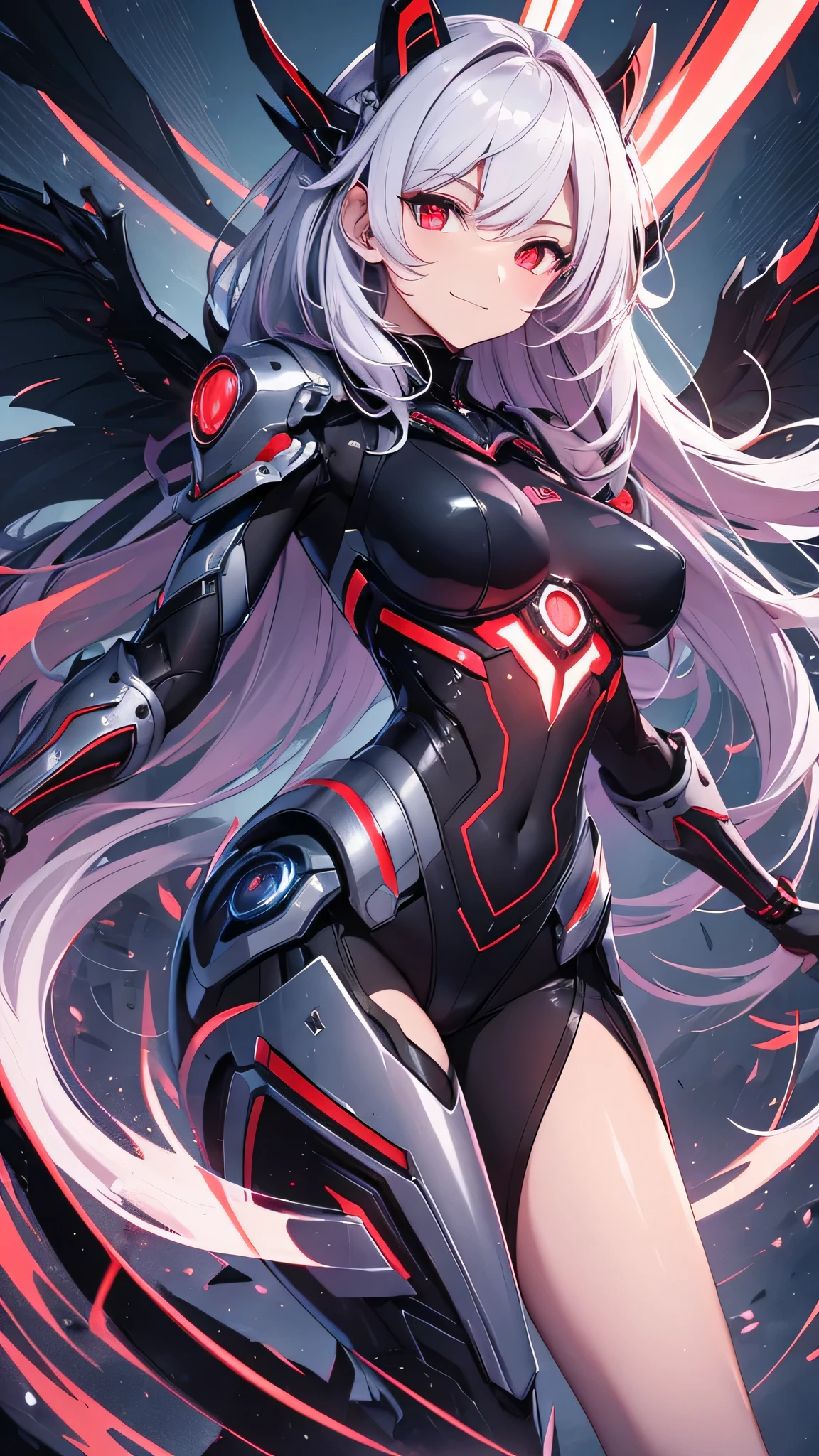 最high quality、best image quality、masterpiece、android girl((18-year-old、 By becoming、vest bust、medium bust,wide open breast tea、red glowing eyes, water hair、messy hair、long hair、thin,highest valley、Blue robot body、Shiny red body、Close ~ eyes、attack、Show the whole body、robot arm、robot feet、villain、evil smile、bad smile、laugh loudly、villain pose、Black robot wings,sharp nails、prick々New body parts、With a big sword、floating in the air)),high quality、beautiful art、background((dark bio facility、dark room、Infrared Sensor、red lighting、evil aura))、Flight、debris flies、Depth of written boundary、movie、visual art、perfect art、8K,genuine、