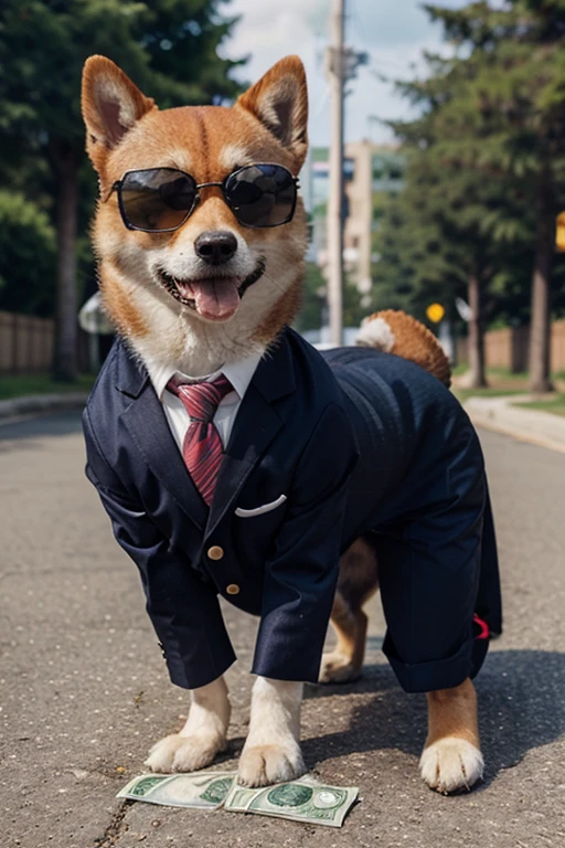 full of dollars,money falling from the sky, Shiba dog wearing sunglasses and suit, cute, very cool, funny, pleasure