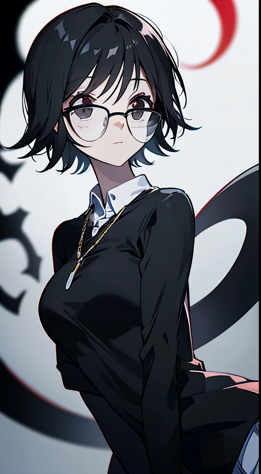 short hair, Fair skin, black hair, with an evil smile,  hands behind your head, slender body,glasses