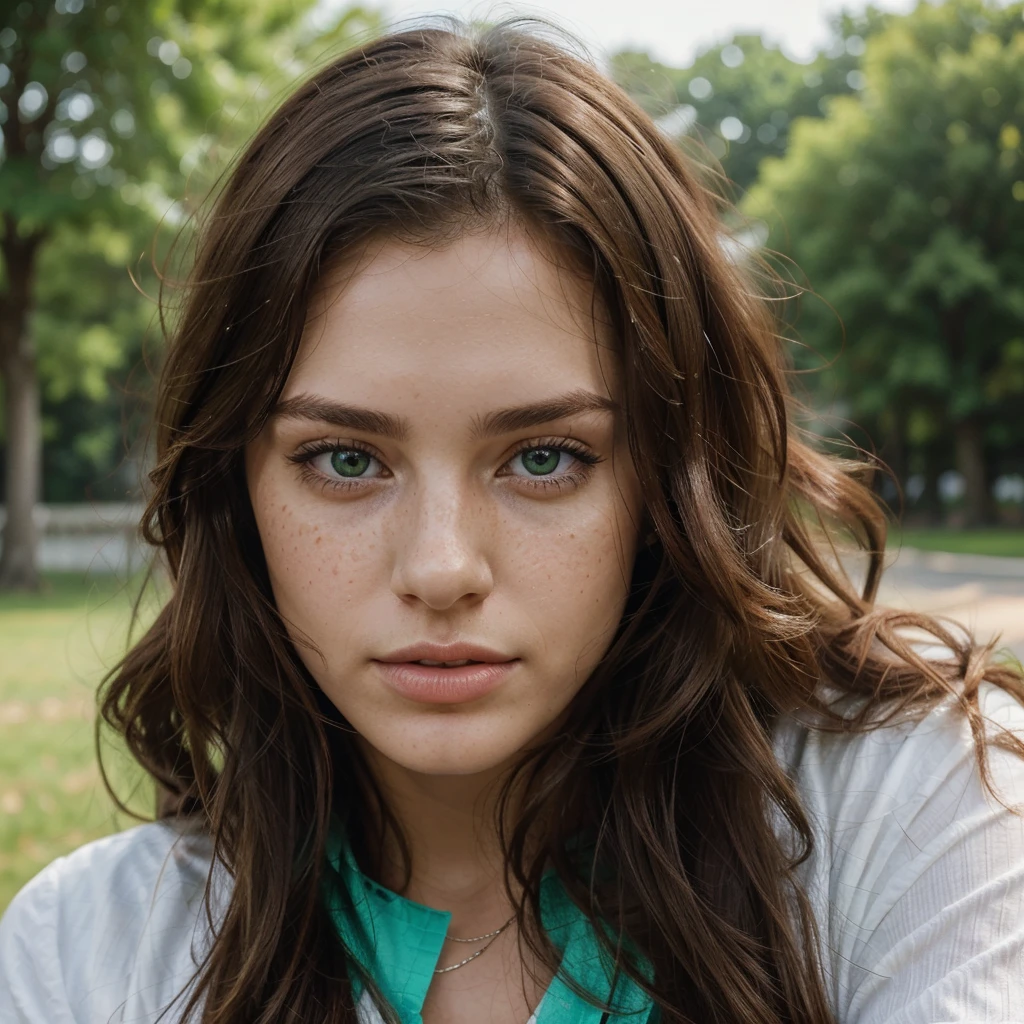 Generate a hyper-realistic portrait of a 25-year-old individual of Ukrainian and French descent. The person should have striking features, including brunette hair cascading in loose waves, piercing green eyes that reflect depth and emotion, and high cheekbones that accentuate their facial structure. Ensure that the lighting highlights their features naturally, and the background complements their heritage and personality. full lips and very beautiful with a few freckles make her look a bit youtfull and playful