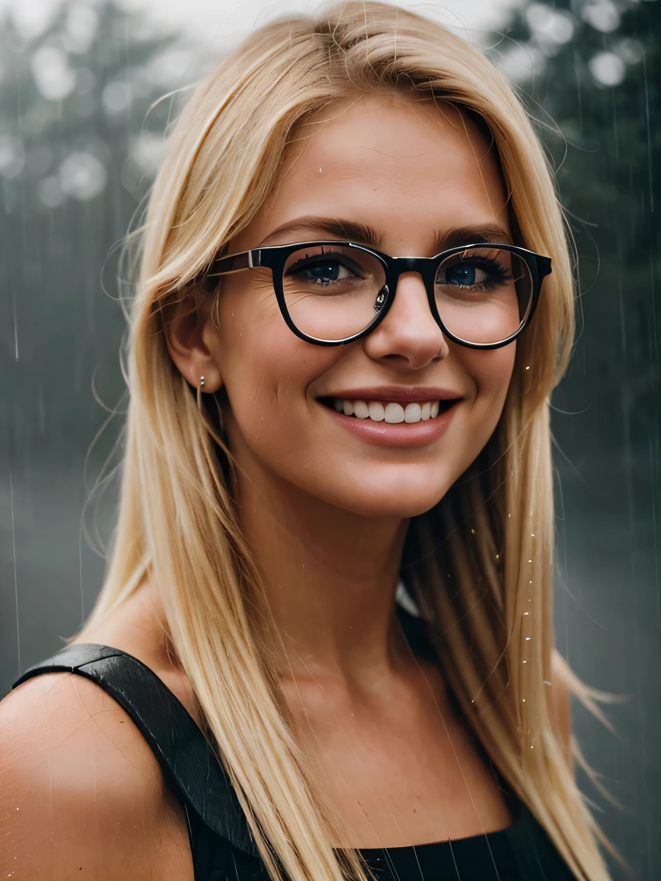 a closeup dark upper body shot photo of a blonde with perfect eyes, smile, same face, wearing glasses, raining,fog