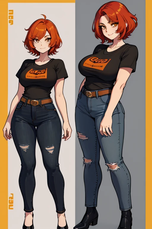 female, red short hair with yellow highlights, orange eyes, (((1girl))), (((black t-shirt))), (grey denim jeans), (black belt), (black flats), cute and sexy, large breasts, large butt, full body, long legs, smiling