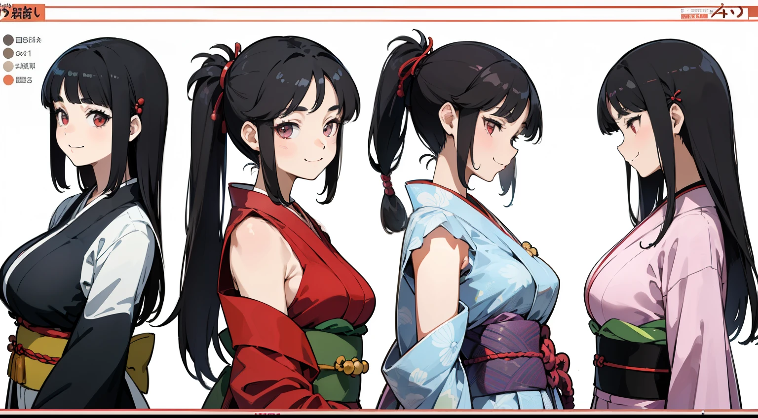 , Black Hair Girl, Hair length to the armpits ,((very big breasts))(((Happy smiling face expression))) ,japanese kimono, ((Odango hairstyle)) (((detailed character sheet, Front view, Side view, 3/4 view)))