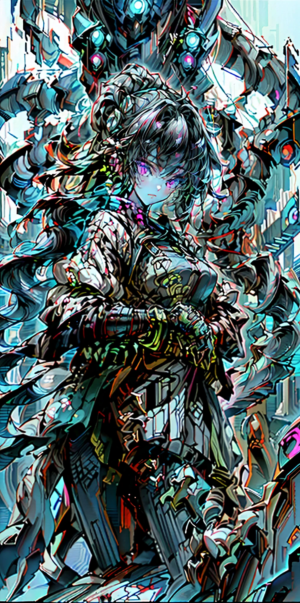highest quality))、((masterpiece)、cyberpunk、Electronic visor attached to the face of a looking at the city from the roof of a building、cyberpunk fashion、sexy pose、exposed skin、My breasts have grown、Neon lights in the dark city at night