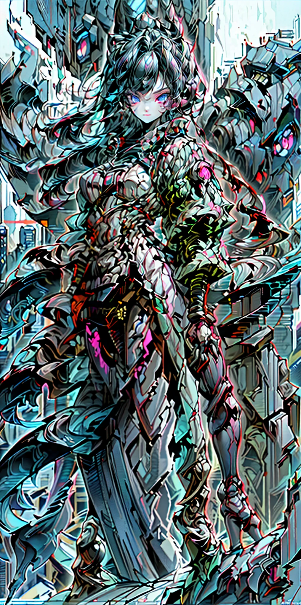highest quality))、((masterpiece)、cyberpunk、Electronic visor attached to the face of a 12-year-old girl looking at the city from the roof of a building、cyberpunk fashion、sexy pose、exposed skin、My breasts have grown、Neon lights in the dark city at night