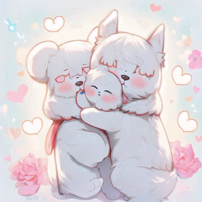 theRe aRe two white beaRs hug each other with heaRts aRound them, kiss together cutely, fraffinity, Farson aRt, Farson!!!!, Lovers, furry art!!!, かわいいかわいいdog, ah, hug each other, R/ah, cute artwork, this, dog, those two are in love, professional hairy painting, fluffy!!!, cute picture, kiss together