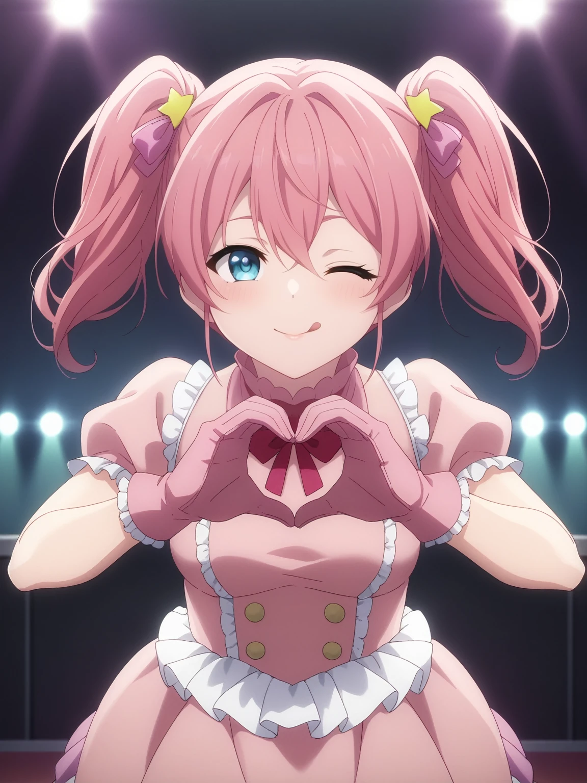 score_4, score_5, score_6, score_9, score_8_up, score_7_up, source_anime, fine anime screencap_xl, anime_screencap,   pink hair, twintails, :p, frilled dress, frilled gloves, hair between eyes, long hair, +.+, star-shaped pupils, hair hair ornament, one eye closed,  idol clothes, pink dress, pink gloves, pink ribbon,  turtleneck_dress, tongue out, stage, stage lights, cowboy shot, heart hands, fisheye view