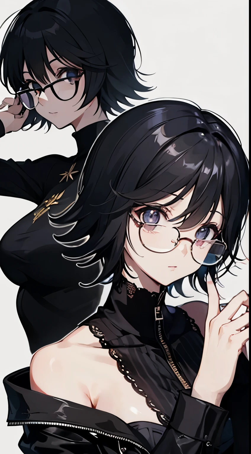 short hair, Fair skin, black hair, with an evil smile,  hands behind your head, slender body,glasses