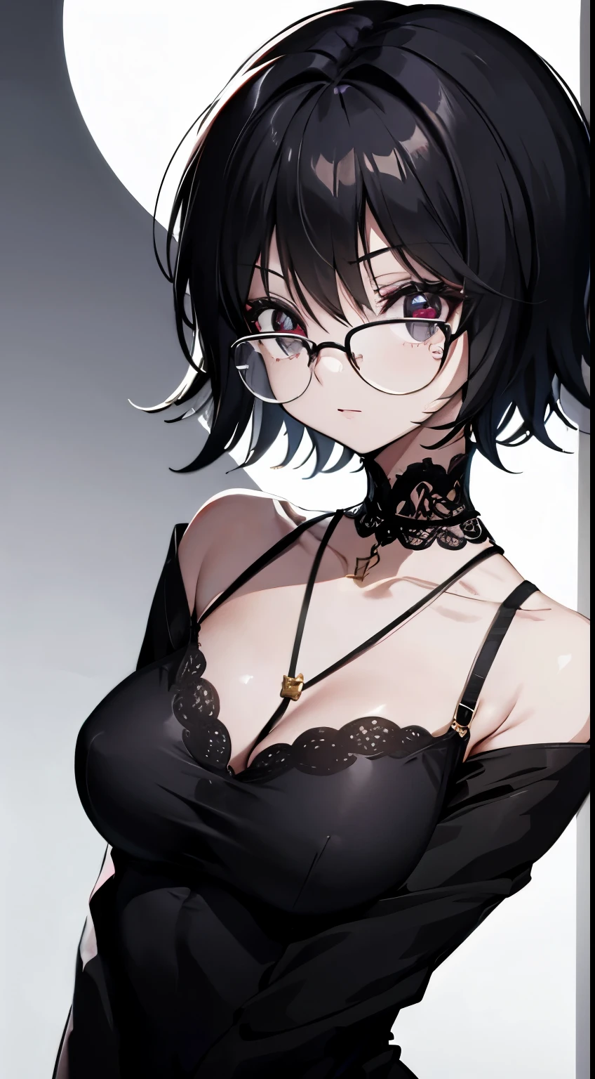 short hair, Fair skin, black hair, with an evil smile, hands behind your head, slender body,glasses