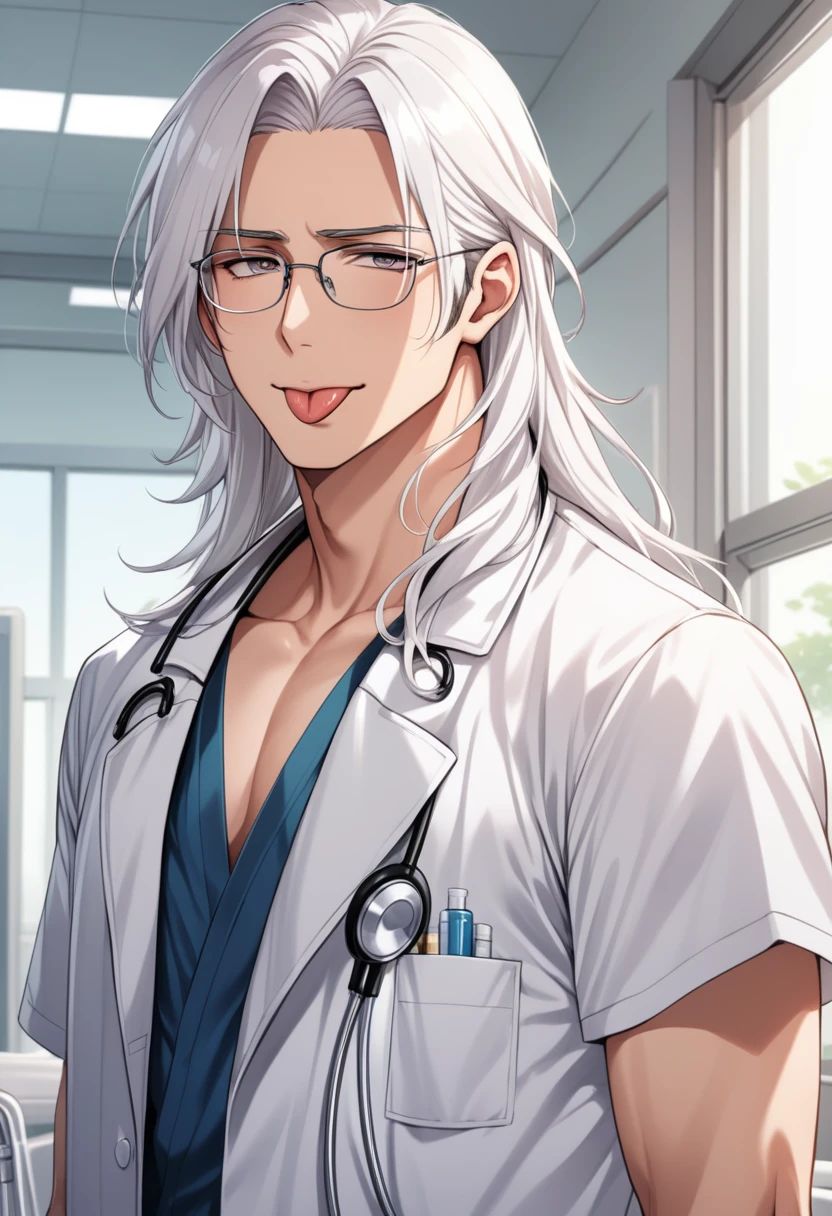 (masterpiece, best quality:1.2), (1boy), solo, 8k, white hair, long hair, glasses, handsome male, very detailed, tall, doctor, anime style, at a hospital, white coat, tongue out, blush, lewd expression