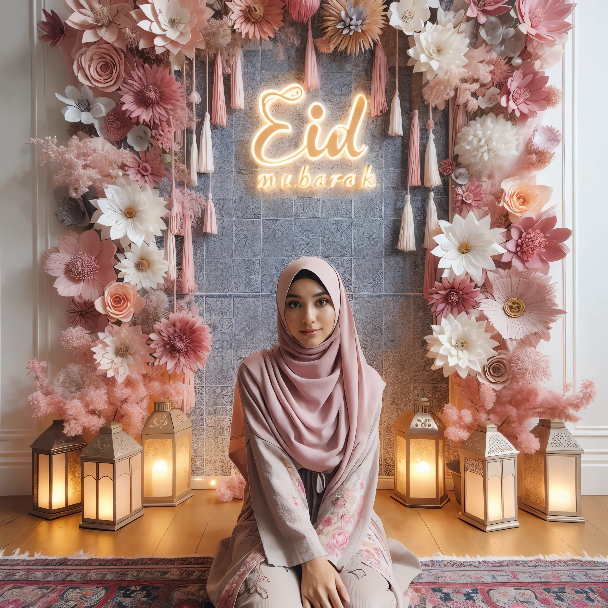 there is a woman sitting on the floor in front of a wall with flowers, background is heavenly, with soft pink colors, ethereal and dreamy theme, epic illumination, 2018, 2 0 1 8, 2 0 1 9, 2019, geometric backdrop; led, mid shot portrait, evening at dusk, ☁🌪🌙👩🏾, 6 k