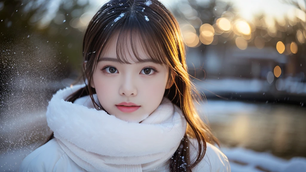 (masterpiece:1.3), (8K, Photoreal, RAW photo, The background is a winter park with falling powder snow........、best image quality: 1.4), 23 year old girl、super detail face、eye for details、double eyelid、sharp focus:1.5、きれいなwoman:1.4、light brown hair、ponytail、natural color lip、highest quality、masterpiece、超A high resolution、(Photoreal:1.4)、Highly detailed and professional lighting、winter ladies fashion、lender、serious expression、transparent skin、random pose、shining hair、woman1name,1girl