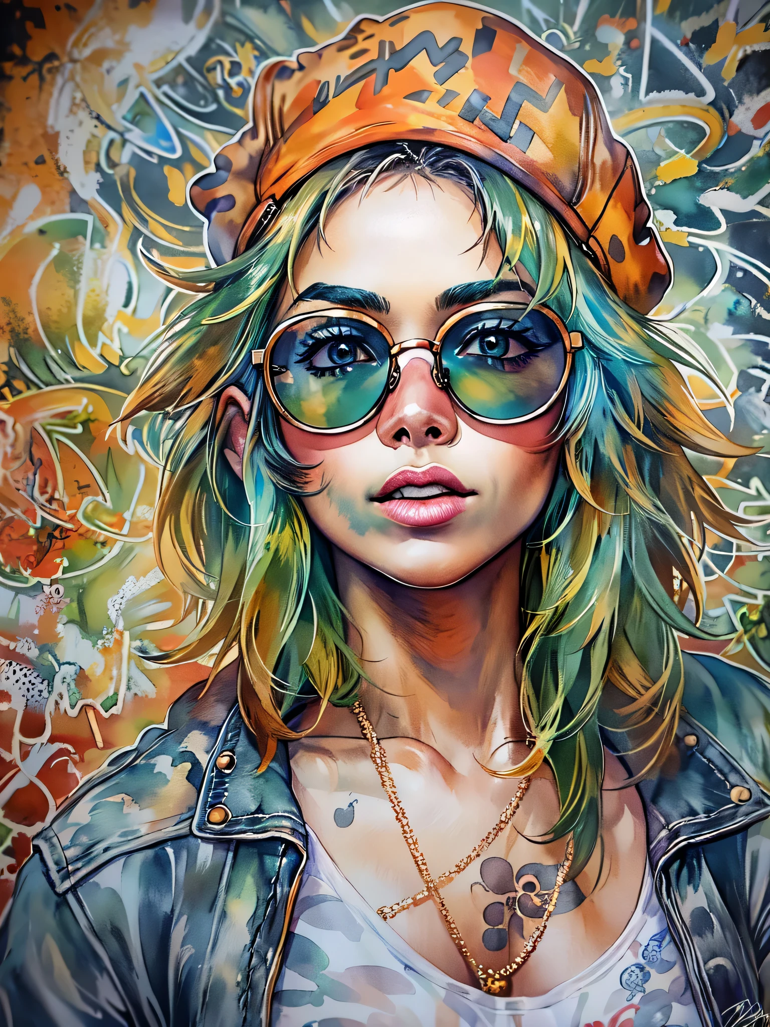 8K quality, watercolor painting, stylish design, (((The strongest beautiful girl of all time))), gal, Stylish sunglasses, Fashionable hats, (((highest quality))), bob hair, Place your hands on the wall, HDR, Detailed details, skull fashion, detailed clothing texture, (((graffiti art))), colorful hair, ((masterpiece))、((Super detailed))