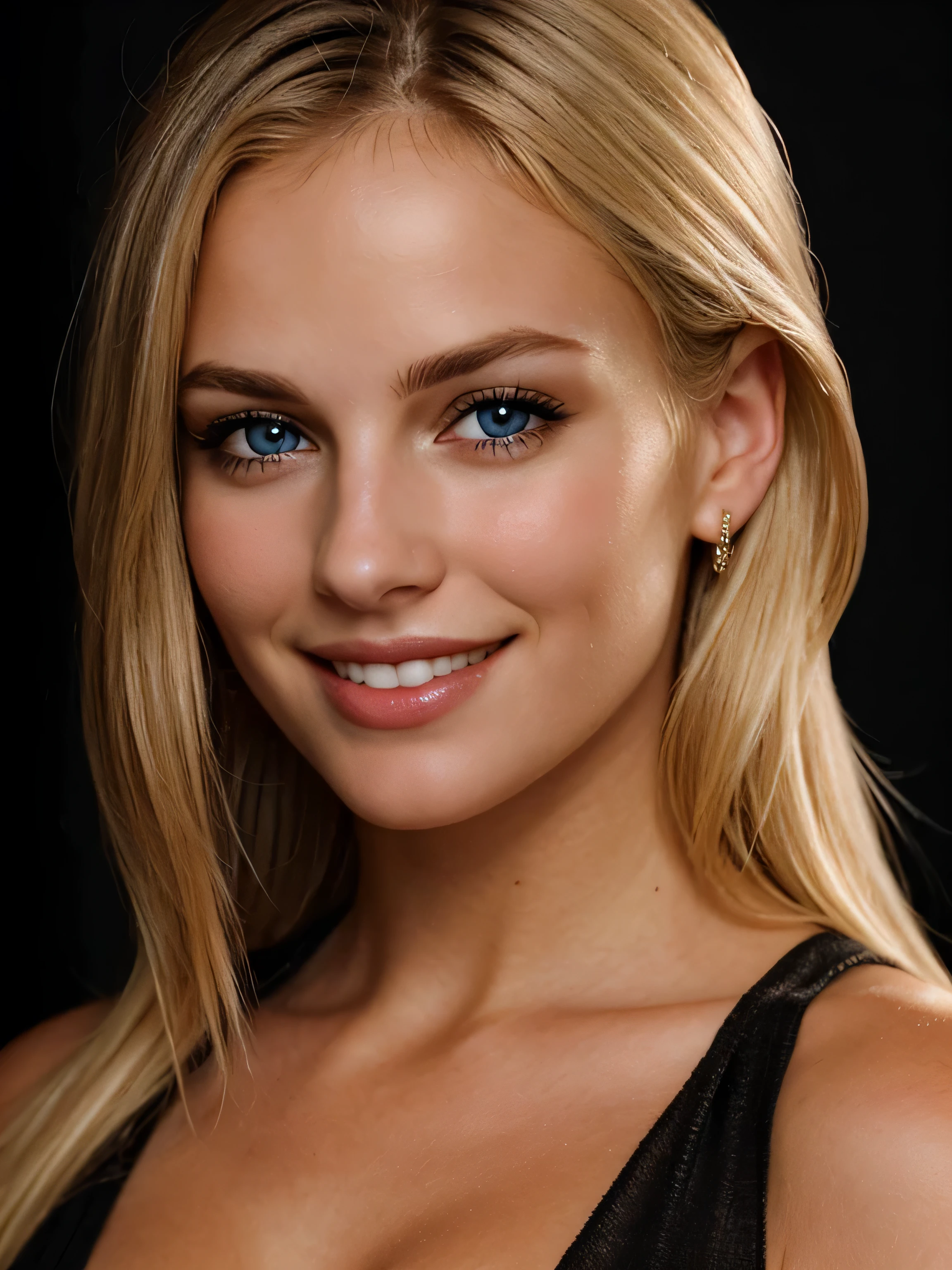 a closeup dark upper body shot photo of a blonde with perfect eyes, smile, dark background