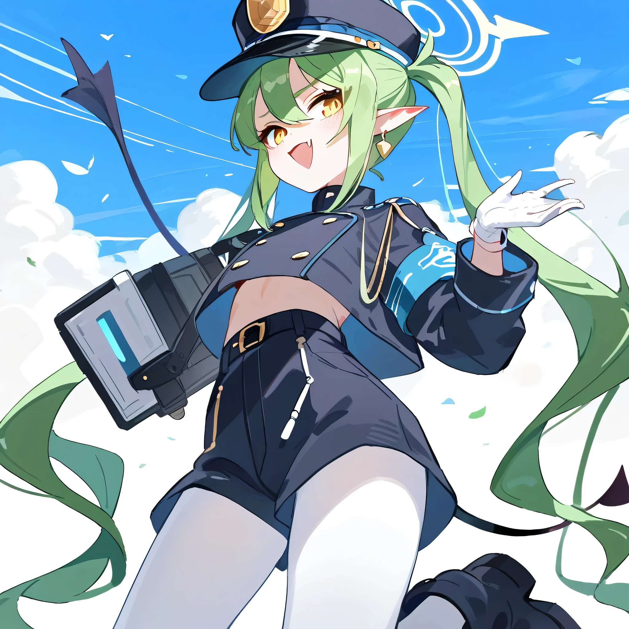 (score_9,score_8_up,score_7_up,),,1girl,highlander-right,yellow eyes, green hair, twintails,long hair, pointy ears,halo,demon tail, jacket,shorts,arm band,white pantyhose, white gloves,peaked cap,boots