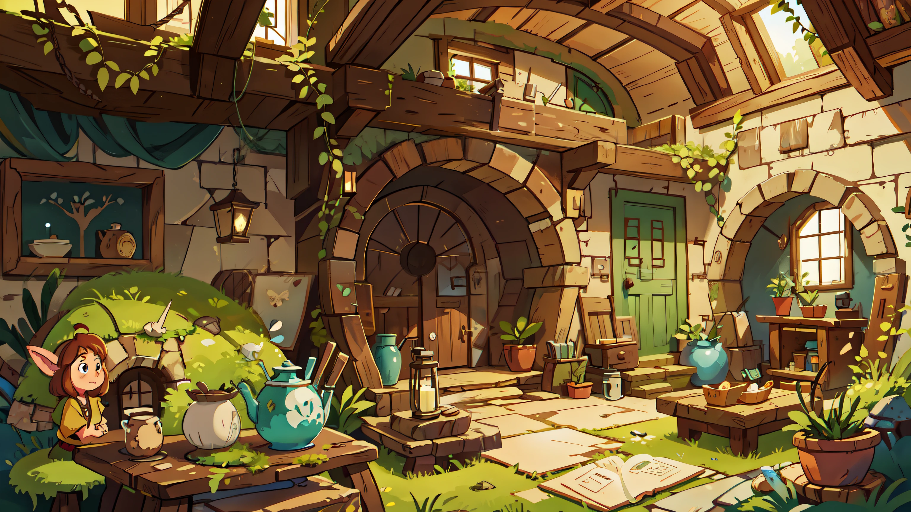 there is a room with a lot of furniture and a big door, background of a interior of a hobbit hole, no human, fantasy Tavern background, interior background art, In his hobbit home, Fantasy bakery interior setting, Detailed game art illustration, fairy tale style background, hobbit hole, background artwork, Game illustration, background art, fantasy alchemist's laboratory, Detailed game art, Tavern background, House of the Elves