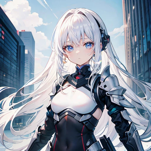 white hair，long hair，Bangs，Bangs整齐，gray eyes，black headband，girl，cute，Small breasts，Eyes are covered，Tech Armor，heavy armor，Sci-fi elements，weapons in hand，whole body照，whole body，Fingers and arms are not exposed，Background City，Blue sky and white clouds，serious expression