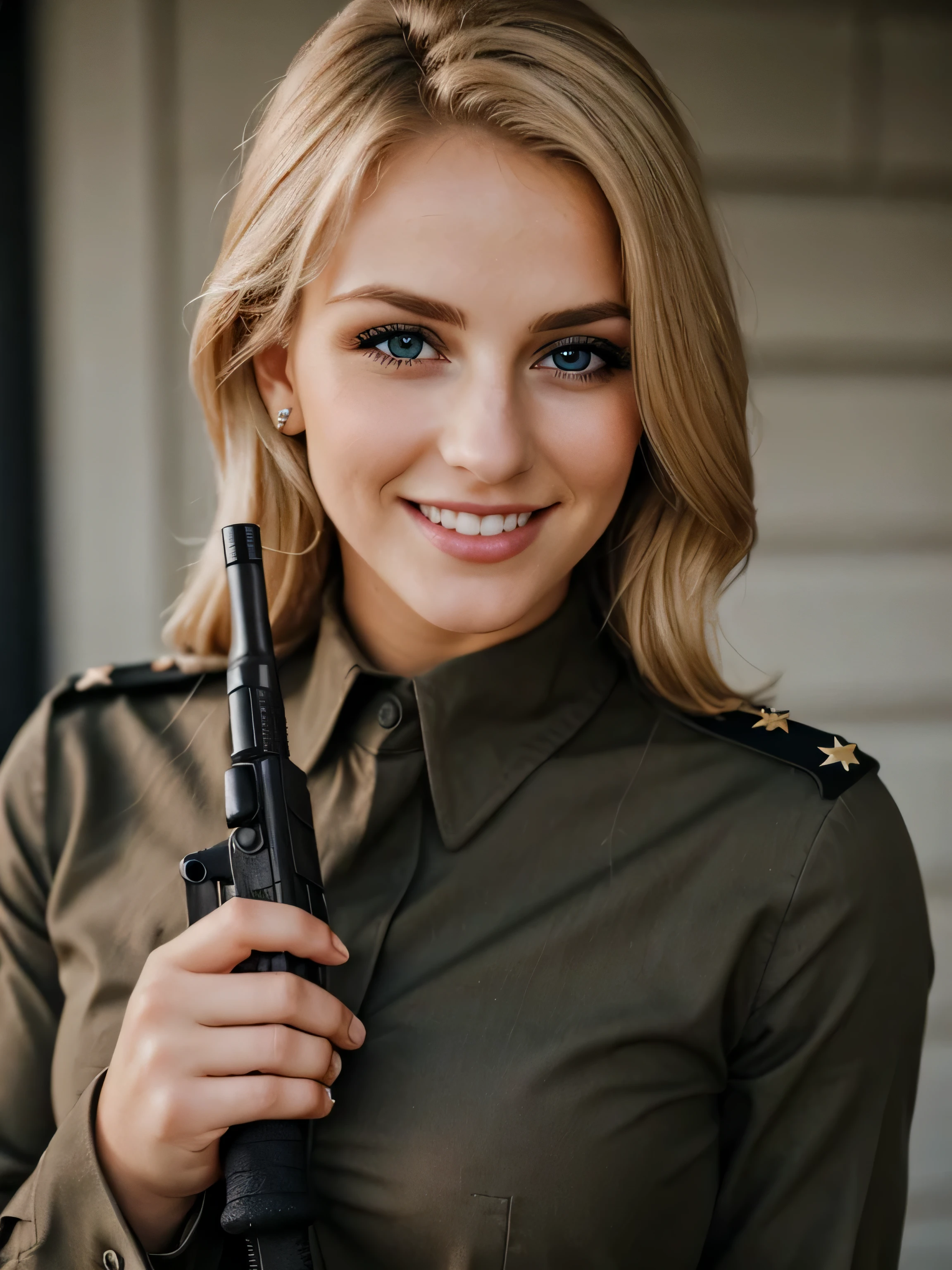 a closeup dark upper body shot photo of a blonde with perfect eyes, smile, wearing militry dress and gun