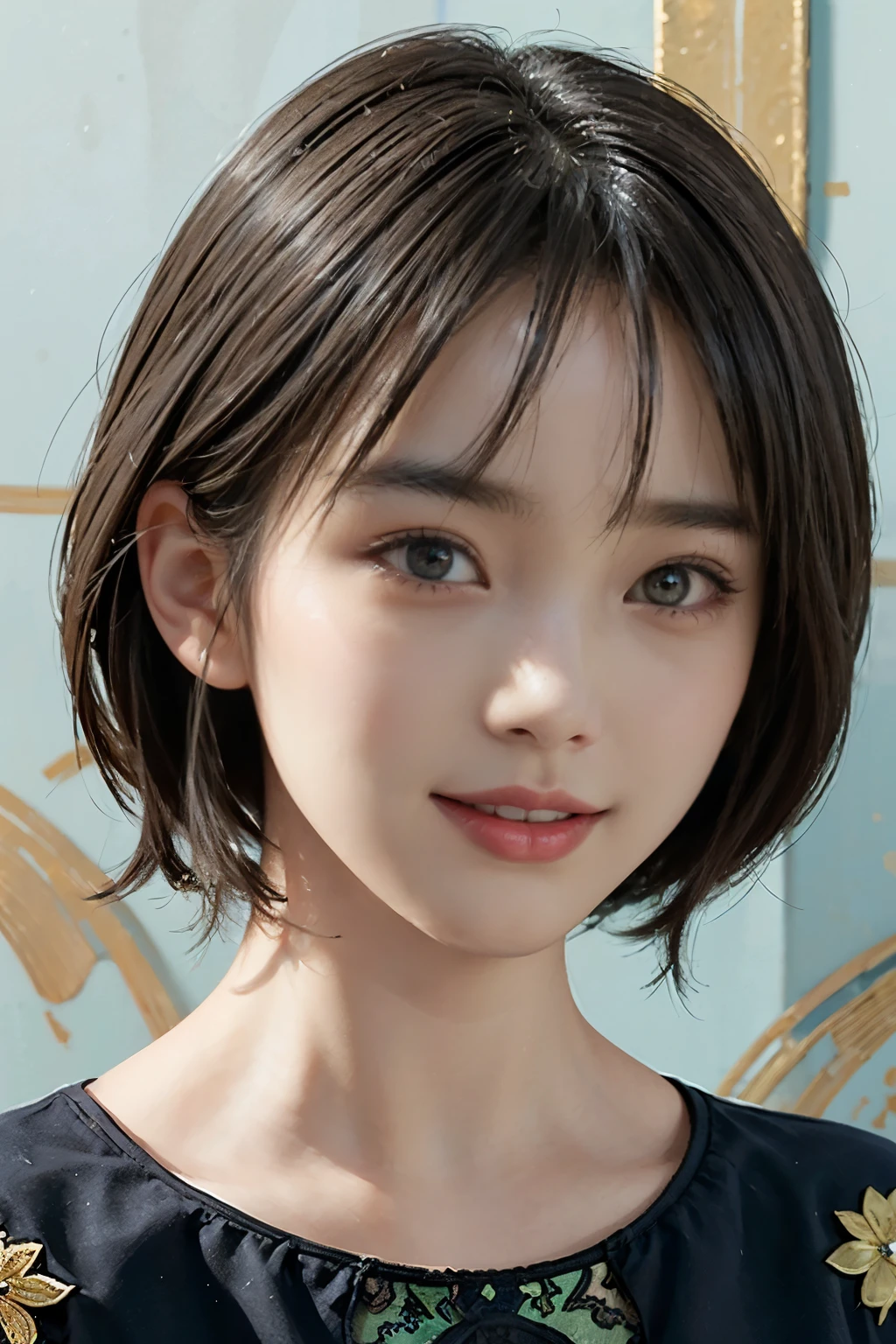 (A hyper-realistic), (illustration), (hight resolution), (8K), (highly detailed), (The best illustrations), (detailed face), (beautiful detailed eyes), (top-quality), (masterpiece), (wall-paper), Upper body close-up, short hair,inner colored, solo, Girl in simple black underwear, plump breasts, smile
