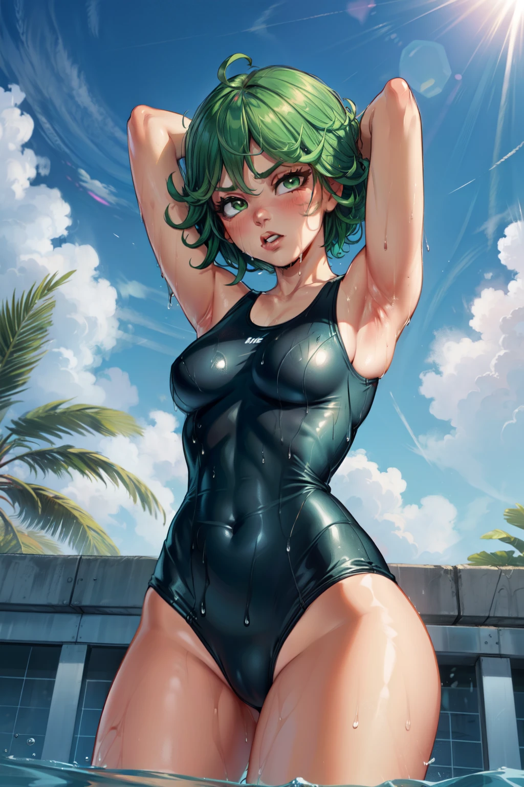 (masterpiece), best quality, expressive eyes, perfect face, 1girl, tatsumaki, breasts, standing, ((small breast)), solo, abs, ((green hair)), short hair, green eyes, ((tsundere)), ((embrassed)), ((shy)), mature woman, sexy, milf, pool, looking at viewer, perfect eyes, perfect face, barefoot, thighs, arms up, (((hands behind head)), ((sleeveless)), (wet body), ((upper body)), ((from below)), one-piece swimsuit,old school swimsuit,
