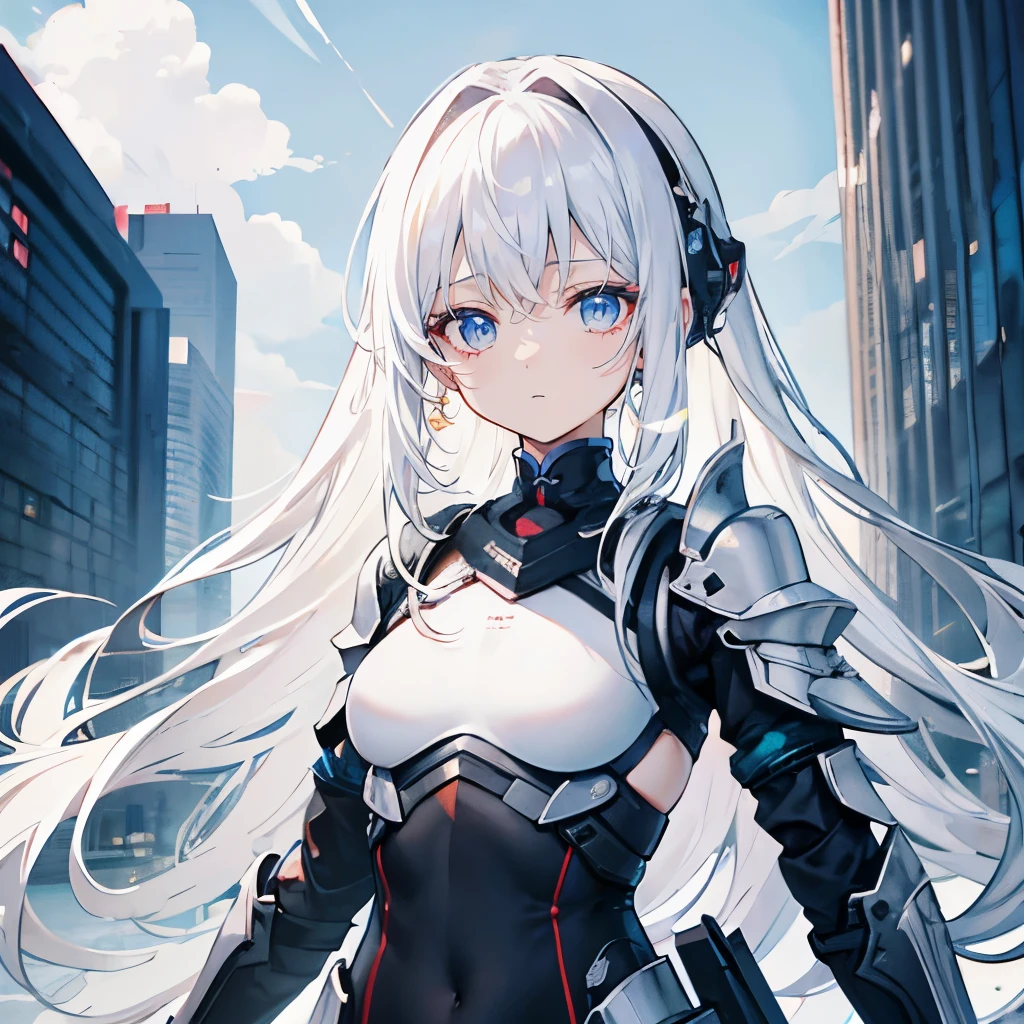white hair,long hair,Bangs,Bangs整齐,gray eyes,black headband,girl,cute,Small breasts,Eyes are covered,Tech Armor,heavy armor,Sci-fi elements,weapons in hand,whole body照,whole body,Fingers and arms are not exposed,Background City,Blue sky and white clouds,serious expression
