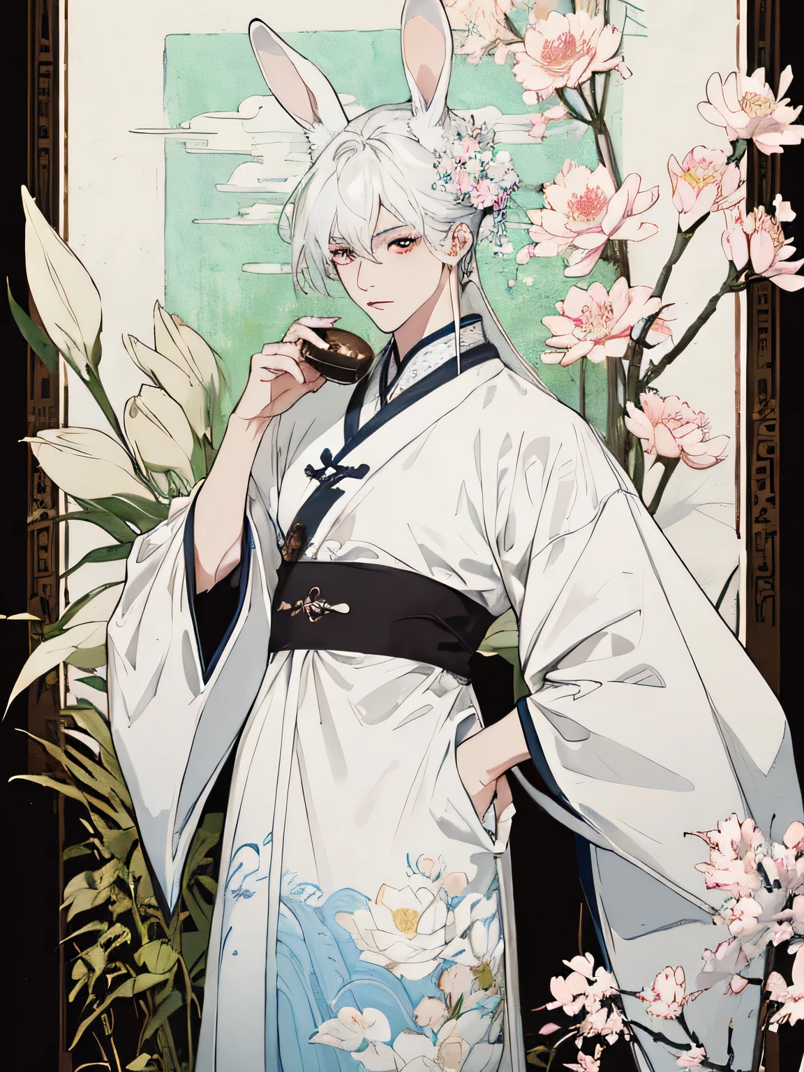 ((4K、Masterpiece、top quality))、(2 men), White ink and watercolor painting、rabbit,Chinese traditional ink painting、lotus、hanfu、Large Kit、Wear Hanfu、 white hair, rabbit ears, Floral fragrance, Lots of flowers nearby,rabbit,The facial details are particularly rich、