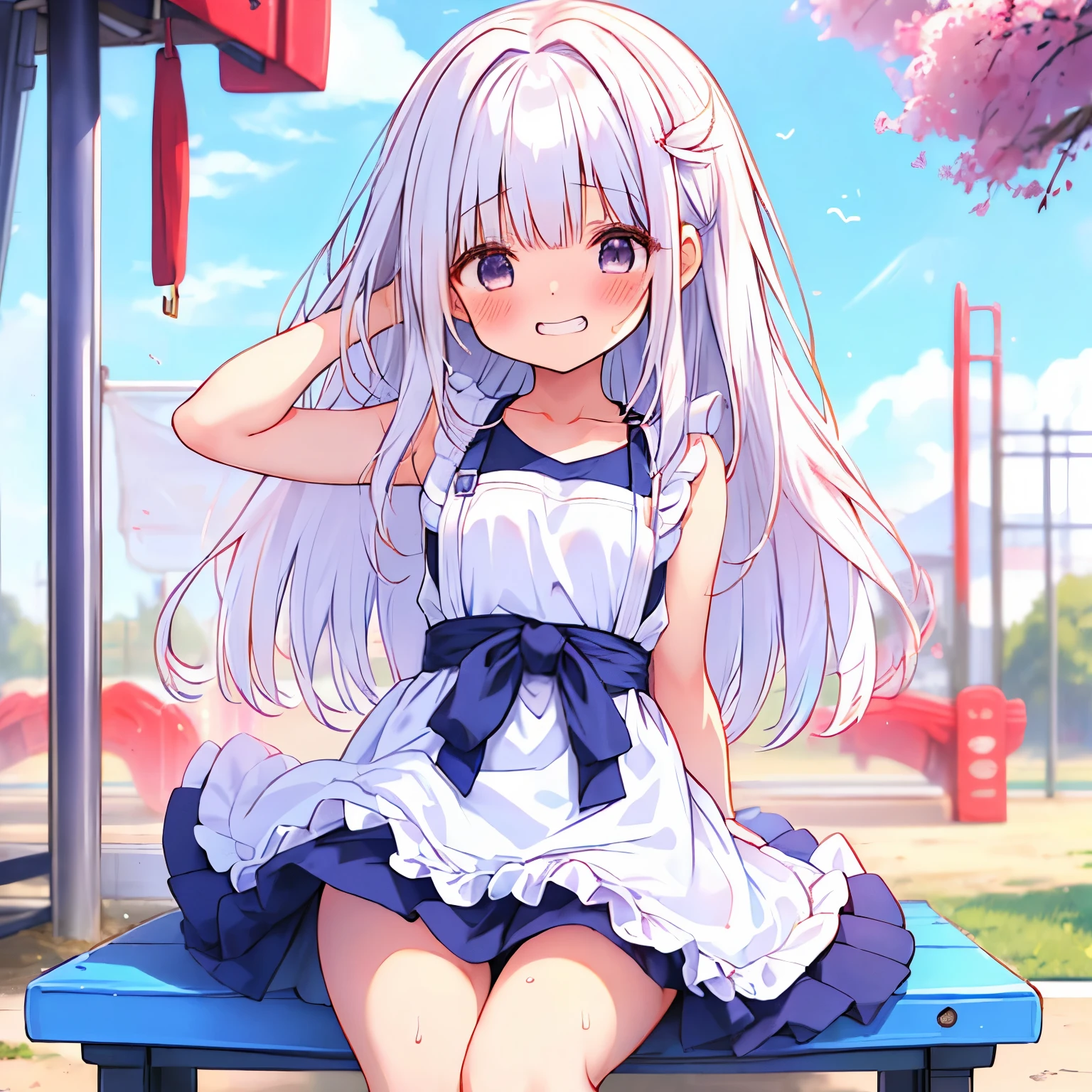 ((日本人のgirl1人、aldult)), ( petite)), loose wavy hair、masterpiece, 最high quality, high quality, Highly detailed 8K wallpaper,Riverside、camp、White hair、White feather hair ornament、summer、intense heat、heavy breathing、Breathing、Sweat、cute girls、Cute naked apron、Kappogi、ruffle apron、Touching hair、(Drooping eyes、small mouth、Mole on collarbone)、small breasts、Brush your hair up、spreading hair、No correction、(girl、Classmate、squid belly、Kappogi)、（No underwear）、big breasts、（激しいSweat）、(female primary school student、Cute armpit show、Before menarche、cute thighs、barefoot、T-back）、（mini skirt:0.3）、(embarrassed face、grinning face、Condescending face）、（On a date、Sit on playground equipment）、（slouch）、Life-size、Camera slightly below、cross your legs、Skirt flipping、breeze、Panty shot