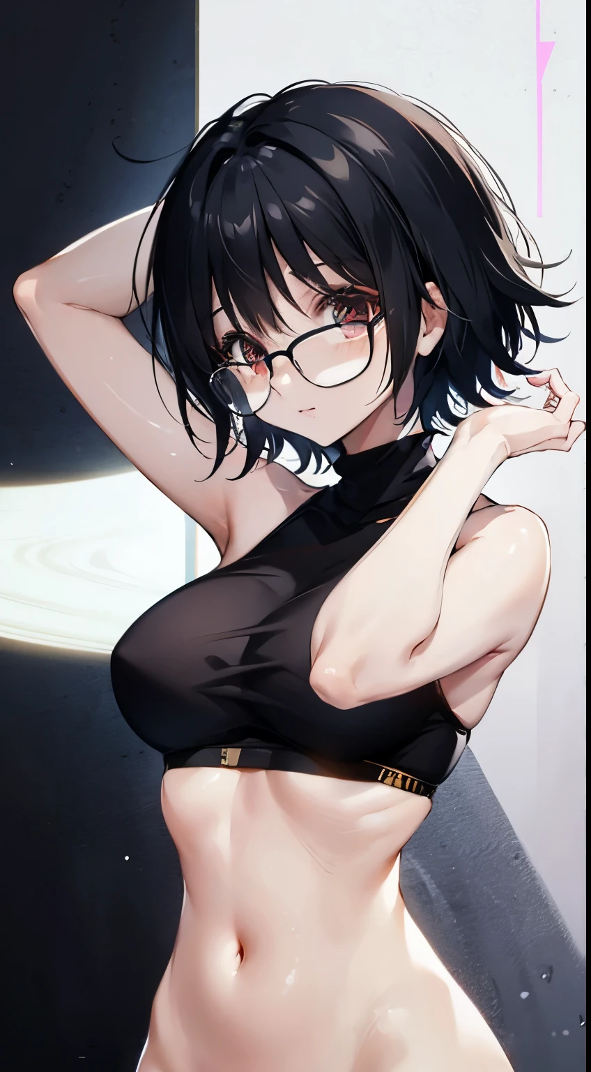 short hair, Fair skin, black hair, with an evil smile, hands behind your head, slender body,glasses