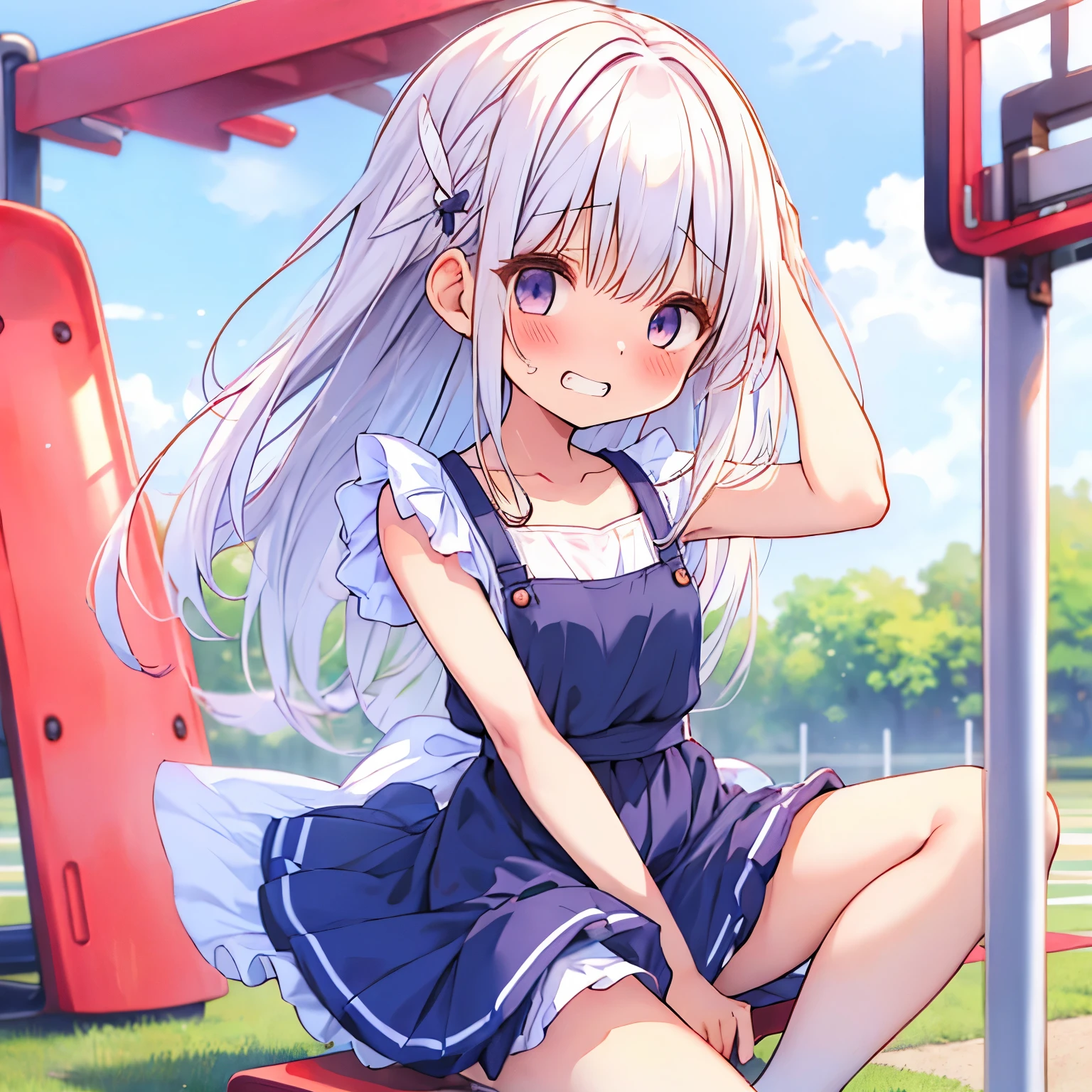 ((日本人のgirl1人、aldult)), ( petite)), loose wavy hair、masterpiece, 最high quality, high quality, Highly detailed 8K wallpaper,Riverside、camp、White hair、White feather hair ornament、summer、intense heat、heavy breathing、Breathing、Sweat、cute girls、Cute naked apron、Kappogi、ruffle apron、Touching hair、(Drooping eyes、small mouth、Mole on collarbone)、small breasts、Brush your hair up、spreading hair、No correction、(girl、Classmate、squid belly、Kappogi)、（No underwear）、big breasts、（激しいSweat）、(female primary school student、Cute armpit show、Before menarche、cute thighs、barefoot、T-back）、（mini skirt:0.3）、(embarrassed face、grinning face、Condescending face）、（On a date、Sit on playground equipment）、（slouch）、Life-size、Camera slightly below、cross your legs、Skirt flipping、breeze、Panty shot