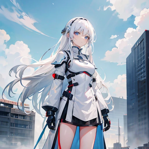 white hair,long hair,Bangs,Bangs整齐,gray eyes,black headband,girl,cute,Tech Armor,heavy armor,Sci-fi elements,weapons in hand,whole body照,whole body,Fingers and arms are not exposed,Background City,Blue sky and white clouds,serious expression