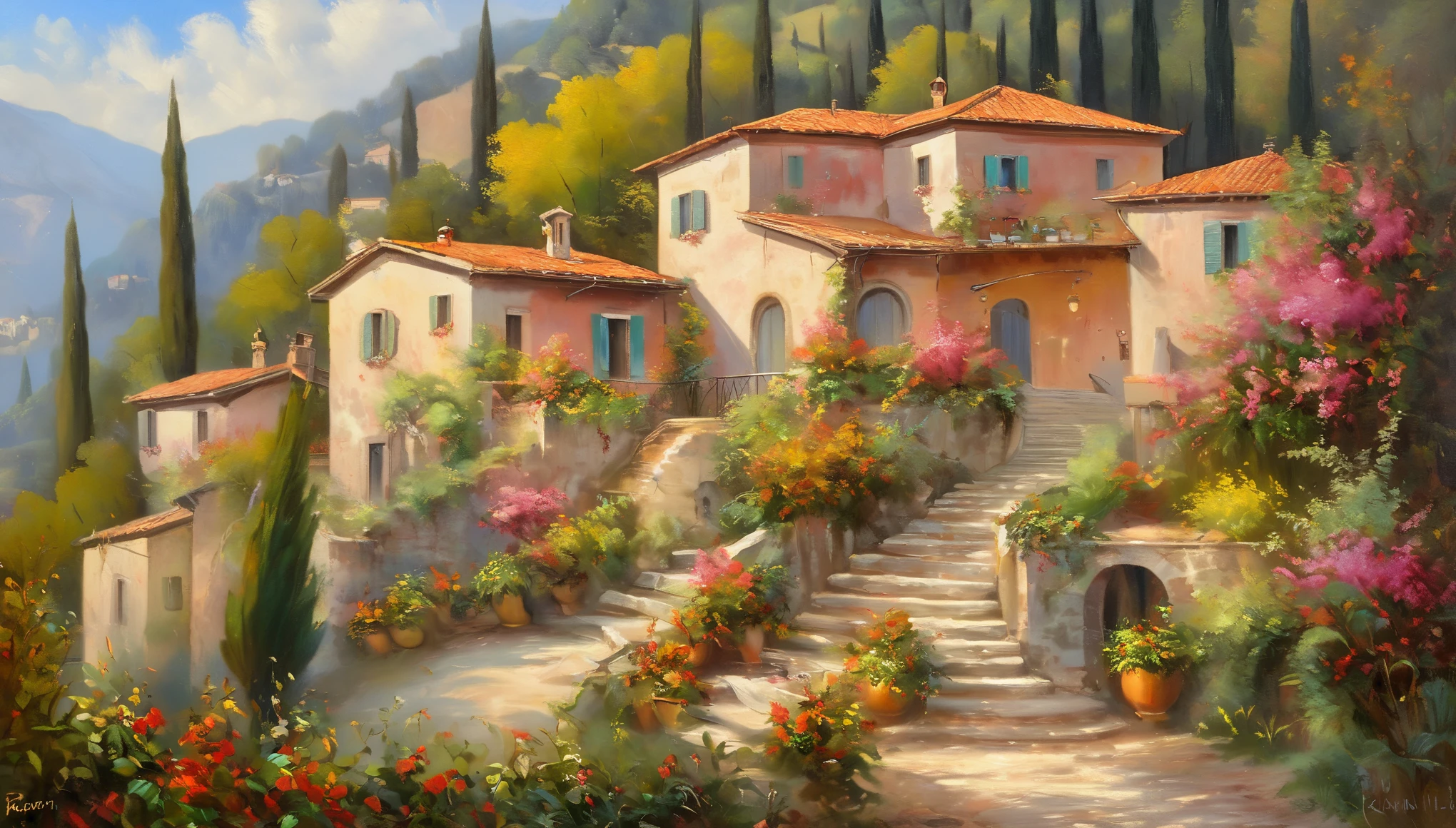 Beautiful village oil painting, Villa Bella, Italy, author:Kanari