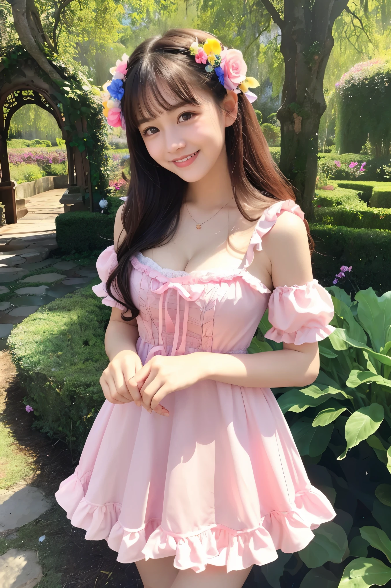(highest quality、masterpiece、8K、best image quality、hyper realism、Award-winning work)、(Cute 12 year old Lolita girl:1.1)、(very young 12 year old girl:1.1)、(baby face:1.1)、(1 person:1.1)、(1 photo:1.1)、(Cute transparent multiple pastel color lolita dress:1.2)、(Cute girly big ribbon:1.1)、(A perfect pastel colored Lolita dress with great attention to detail:1.1)、A dress with cute frills and ribbons、Lace decoration、Cute girly fluffy wavy hair、low length、Height: 140cm、pink rose、Lots of cute frills、big cute ribbon、emphasize body line、(very big breasts:1.1)、(big cleavage:1.1)、glamorous body、Standing gracefully、(Colorful flower fields in a fairytale heaven:1.1)、(A beautiful and vast haven inspired by the Garden of Eden:1.3)、Beautiful clear sky、beautiful thunder clouds、(A fantastical and mysterious vast Garden of Eden:1.2)、(A vast paradise inspired by the Garden of Eden:1.2)、(A huge variety of vibrant flowers:1.1)、(A gorgeous treasure trove of mysterious and beautiful nature:1.1)、(The fantastic and mysterious Garden of Eden:1.3)、(Perfectly recreates the atmosphere of heaven:1.2)、(Beautiful mystical waterfall:1.3)、epic movie lighting、Tyndall effect、(Mysterious beautiful fog:1.1)、(very bright and vivid:1.1)、A girl standing gracefully、accurate anatomy、perfect makeup、long eyelashes、glossy lips、Ultra high definition glossy skin、(Ultra-high definition bright and beautiful skin:1.1)、(Super bright and radiant skin:1.1)、超高精細のglossy lips、Super high definition beautiful teeth